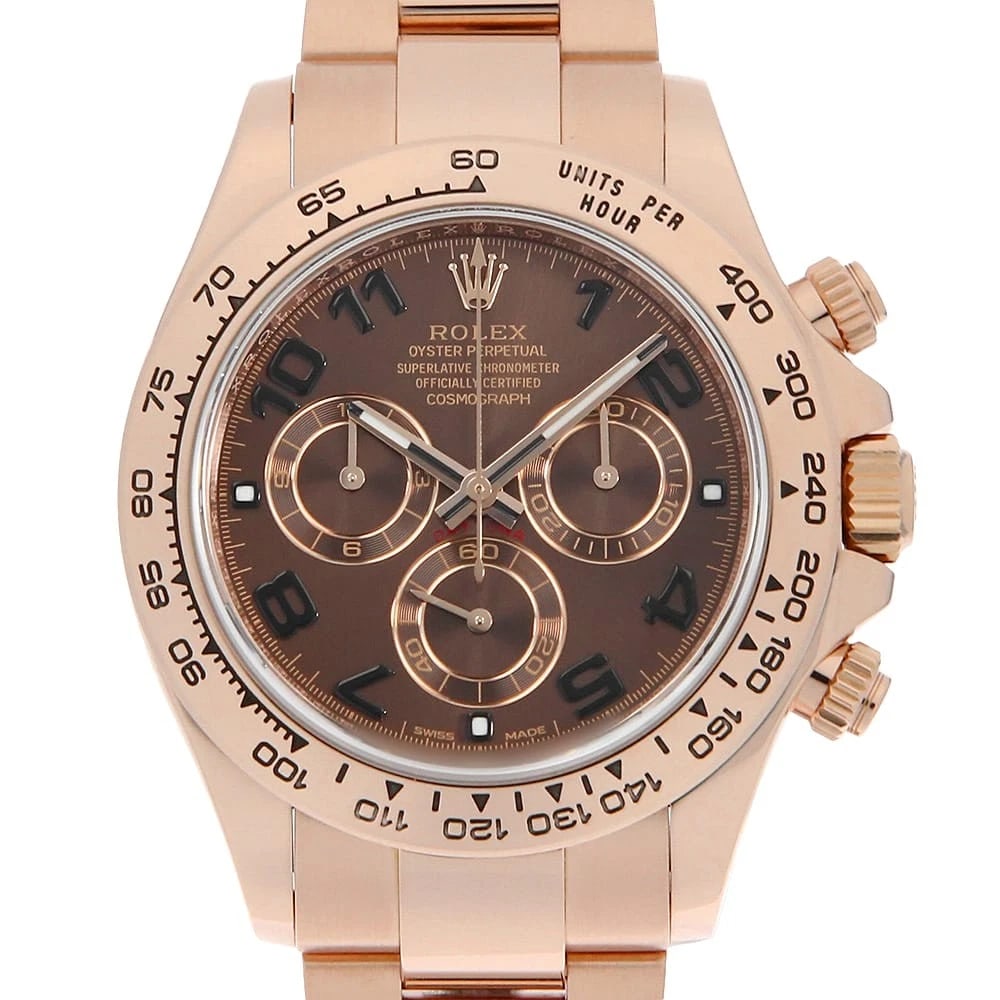 ROLEX COSMOGRAPH DAYTONA CHOCOLATE BROWN WATCH: ROLEX Cosmograph Daytona Chocolate brown Watch Brand: ROLEX Type/Style: Wrist watch Material: Band Material Everose Gold, Case Material Everose Gold Color: Dial color Chocolate Brown Size: Case:W40mm