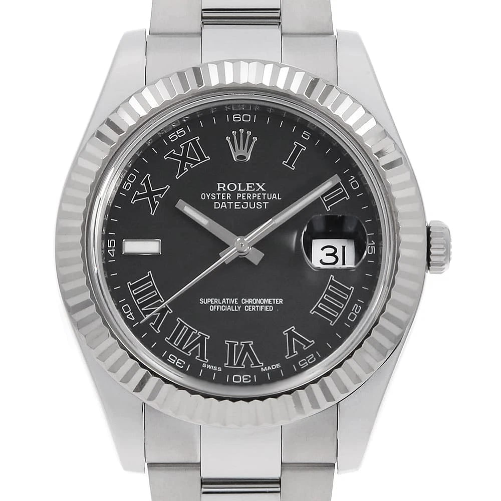 ROLEX DATEJUST BLACK ROME WATCH: ROLEX Datejust black Rome Watch Brand: ROLEX Type/Style: Wrist watch Material: Band Material Stainless Steel, Case Material Stainless Steel/White gold Color: Dial color Black Size: Case:W41mm