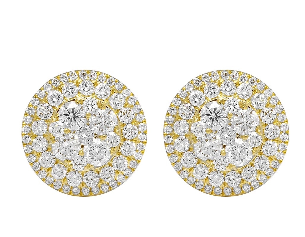 YELLOW GOLD ROUND FLOWER CLUSTER DIAMOND STUD EARRINGS: Yellow Gold Round Flower Cluster Diamond Stud Earrings Brand: none Type/Style: Earring Material: 10k, Yellow Gold, Main Stone/Creation Yellow Color: Natural Size: Dimension 16MM Accessories: None