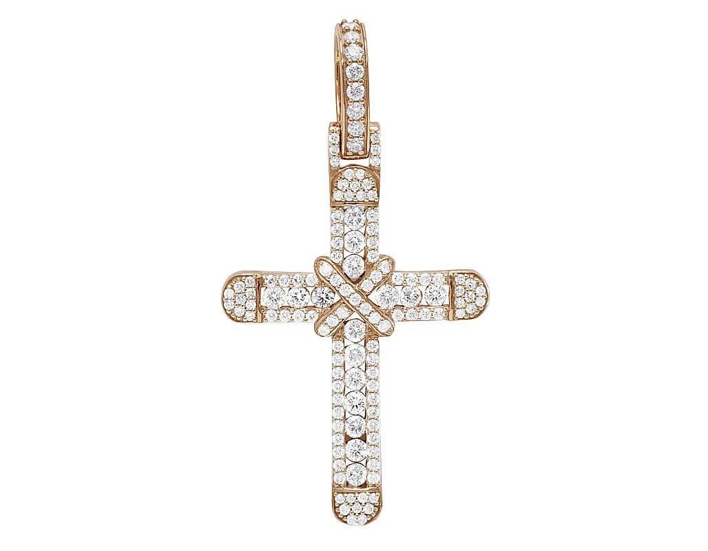 10K ROSE GOLD DIAMOND CROSS PENDANT: 10K Rose Gold Diamond Cross Pendant Brand: none Type/Style: Pendant Material: 10K , Rose Gold, Main Stone/Creation Rose Gold Color: Natural Size: Dimension 2" Accessories: None Accessories Notice: