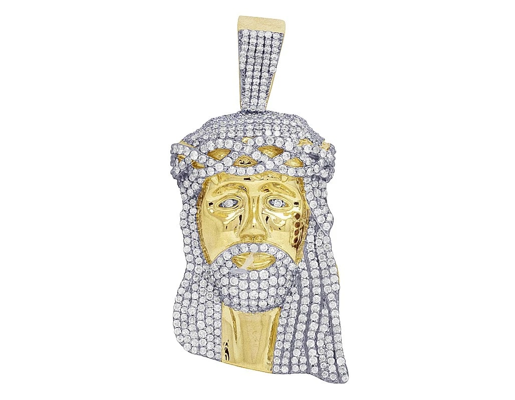 10K YELLOW GOLD DIAMOND JESUS HEAD PENDANT: 10K Yellow Gold Diamond Jesus Head Pendant Brand: none Type/Style: Pendant Material: 10K , Yellow Gold, Main Stone/Creation Yellow Color: Natural Size: Dimension 2" Accessories: None Accessories