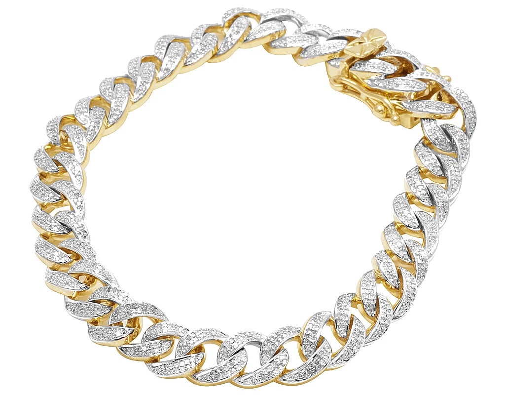 MENS 10K YELLOW GOLD MIAMI DIAMOND CHAIN BRACELET: Mens 10K Yellow Gold Miami Diamond Chain Bracelet Brand: none Type/Style: Bracelet Material: 10K , Yellow Gold, Main Stone/Creation Yellow Color: Natural Size: Length 8 in Width 9mm Accessories: None