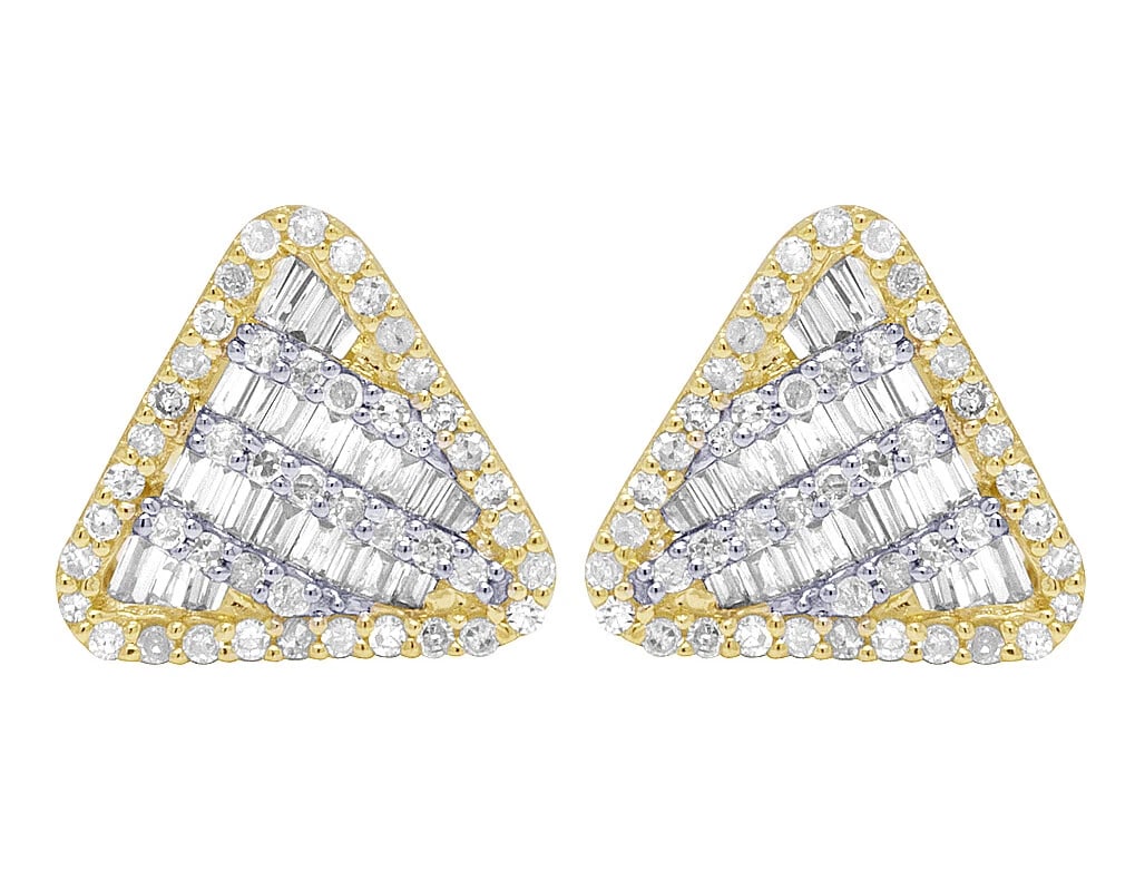 10K YELLOW GOLD BAGUETTE DIAMOND TRIANGLE EARRINGS: 10K Yellow Gold Baguette Diamond Triangle Earrings Brand: none Type/Style: Earring Material: 10K , Yellow Gold, Main Stone/Creation Yellow Color: Size: Dimension 11MM x 10MM Accessories: None