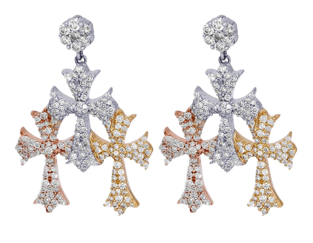 UNISEX TRI COLOR CROSS DROP DIAMOND EARRINGS 10K GOLD: Unisex Tri Color Cross Drop Diamond Earrings 10K Gold Brand: none Type/Style: Earrings Material: 10K , Multi-Tone Gold, Main Stone/Creation Multi-Tone Color: Natural Size: Dimension 1.2" x 22mm x 3mm