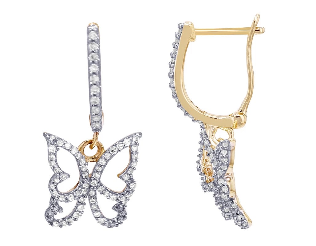 BUTTERFLY CUTOUT SHAPED DIAMOND EARRINGS 10K YELLOW GOLD: Butterfly Cutout Shaped Diamond Earrings 10k Yellow Gold Brand: none Type/Style: Earrings Material: 10k , Yellow Gold, Main Stone/Creation Yellow Color: Size: Dimension 11mm x 11mm Accessories: None