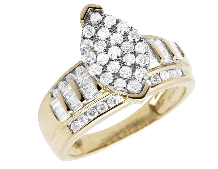 10K YELLOW/ WHITE GOLD BAGUETTE DIAMONDS RING: 10K Yellow/ White Gold Baguette Diamonds Ring Brand: none Type/Style: Ring Material: 10K , Yellow Gold, Main Stone/Creation Yellow Color: Natural Size: 7 US Accessories: None Accessories Notice: When