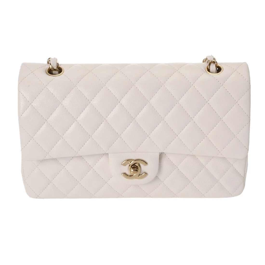 CHANEL CLASSIC HANDBAG MATRASSE WHITE SHOULDER BAG: CHANEL Classic Handbag Matrasse white Shoulder Bag Brand: CHANEL Type/Style: Shoulder Bag Material: Grained calfskin Color: white ? Champagne Gold Metal Size: H:about 6.1inch W:about 10.0inch D:about