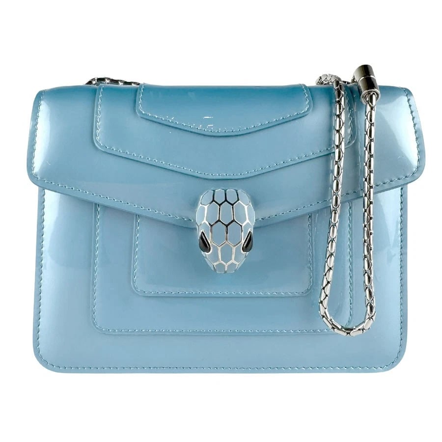BVLGARI SERPENTI FOREVER CHIAN SHOULDER BAG: BVLGARI Serpenti Forever Chian Shoulder Bag Brand: BVLGARI Type/Style: Shoulder Bag Material: Patent Leather Color: Light Blue Size: Size [inch] W:7.5inx H:6.3inx D:1.6in Size [cm] W:19cmx H:16cmx D:4