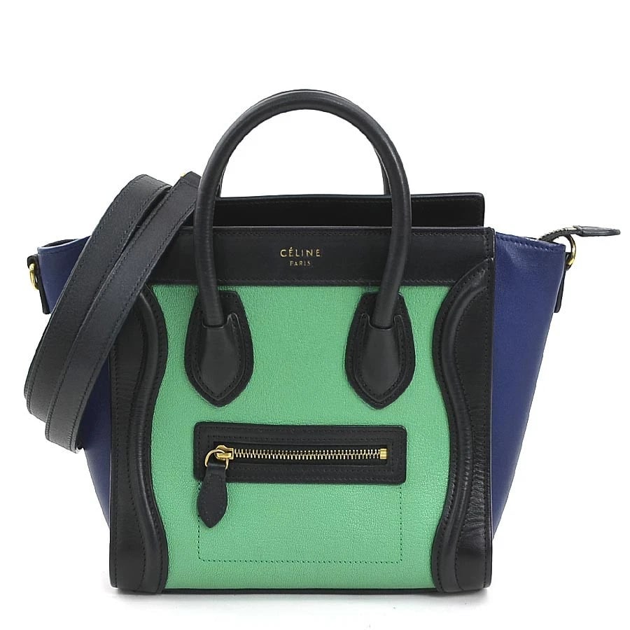 CELINE LUGGAGE NANO SHOPPER HANDBAG CROSSBODY SHOULDER BAG: CELINE Luggage Nano Shopper Handbag Crossbody Shoulder Bag Brand: CELINE Type/Style: Handbag Material: Leather Color: Black/Green/Blue Size: Size [inch] (Bottom)W:7.8inx H:8.3inx D:7.5in Handle