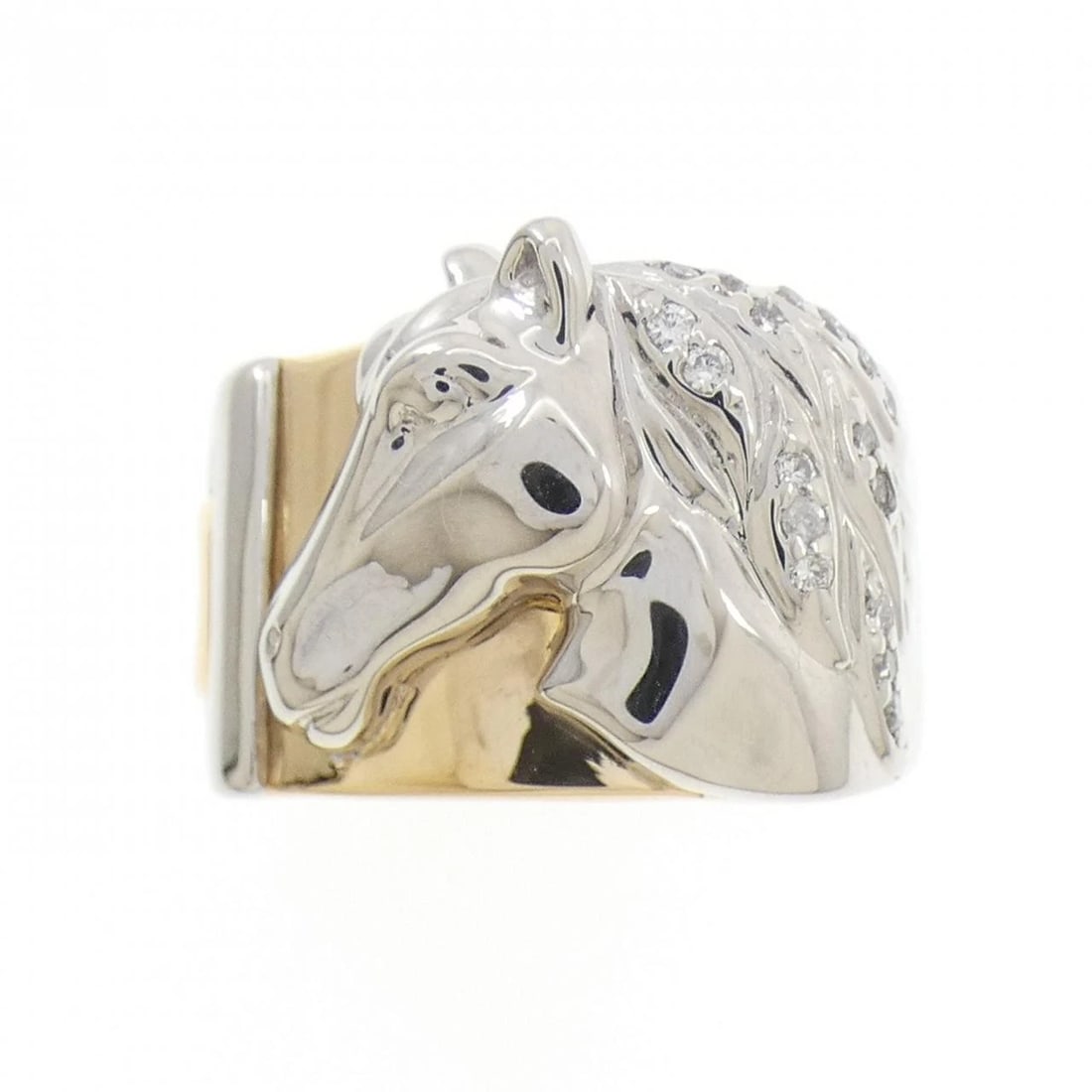 PT900/K18YG HORSE DIAMOND RING: PT900/K18YG Horse Diamond Ring Brand: Unbranded Type/Style: Diamond Ring Material: PT900/K18YG, Main Stone/Creation Natural Color: YG,Silver Size: US 8 3/4 Accessories: None Accessories Notice: When
