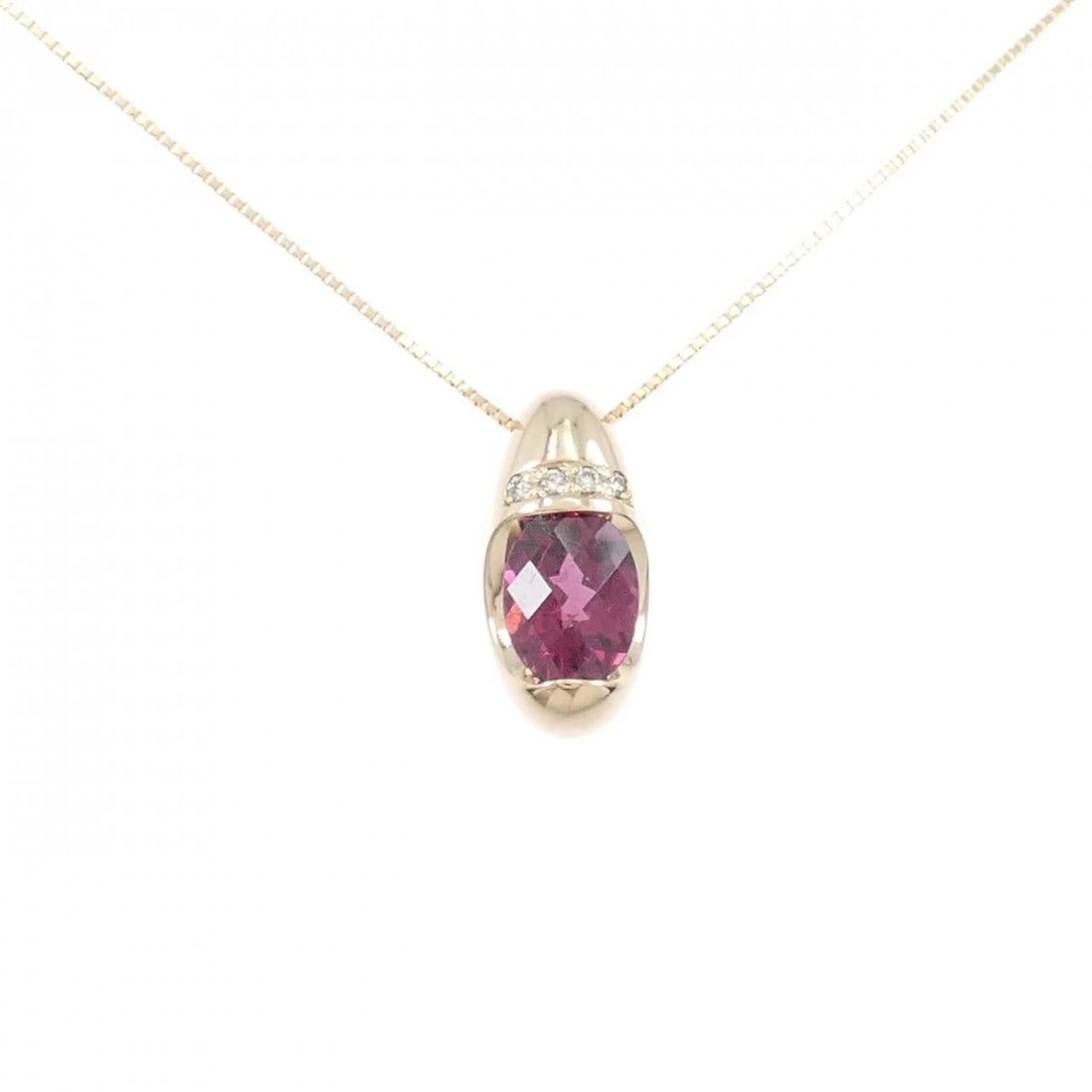 K18PG GARNET NECKLACE: K18PG Garnet Necklace Brand: Unbranded Type/Style: Garnet Necklace Material: K18PG, Main Stone/Creation Granet Secondary Stone Diamond Color: Pink Gold Size: Actual Size Pendant length approx. x
