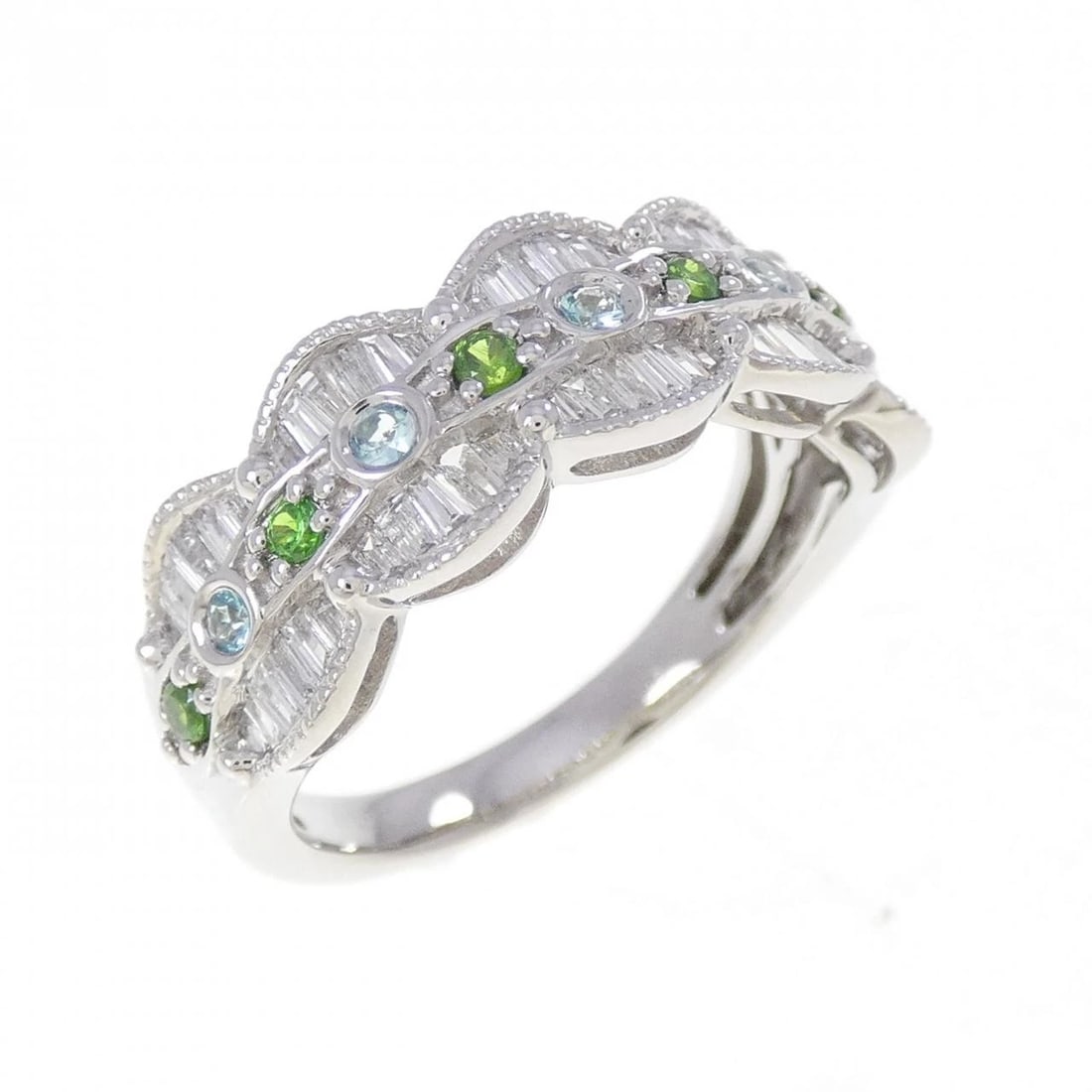 PT950 DEMANTOID GARNET RING: PT950 Demantoid Garnet Ring Brand: Unbranded Type/Style: Demantoid Garnet Ring Material: PT950, Main Stone/Creation Demantoid GarnetSecondary Stone Tourmaline / Diamond Color: Silver Size: US 6 1/4