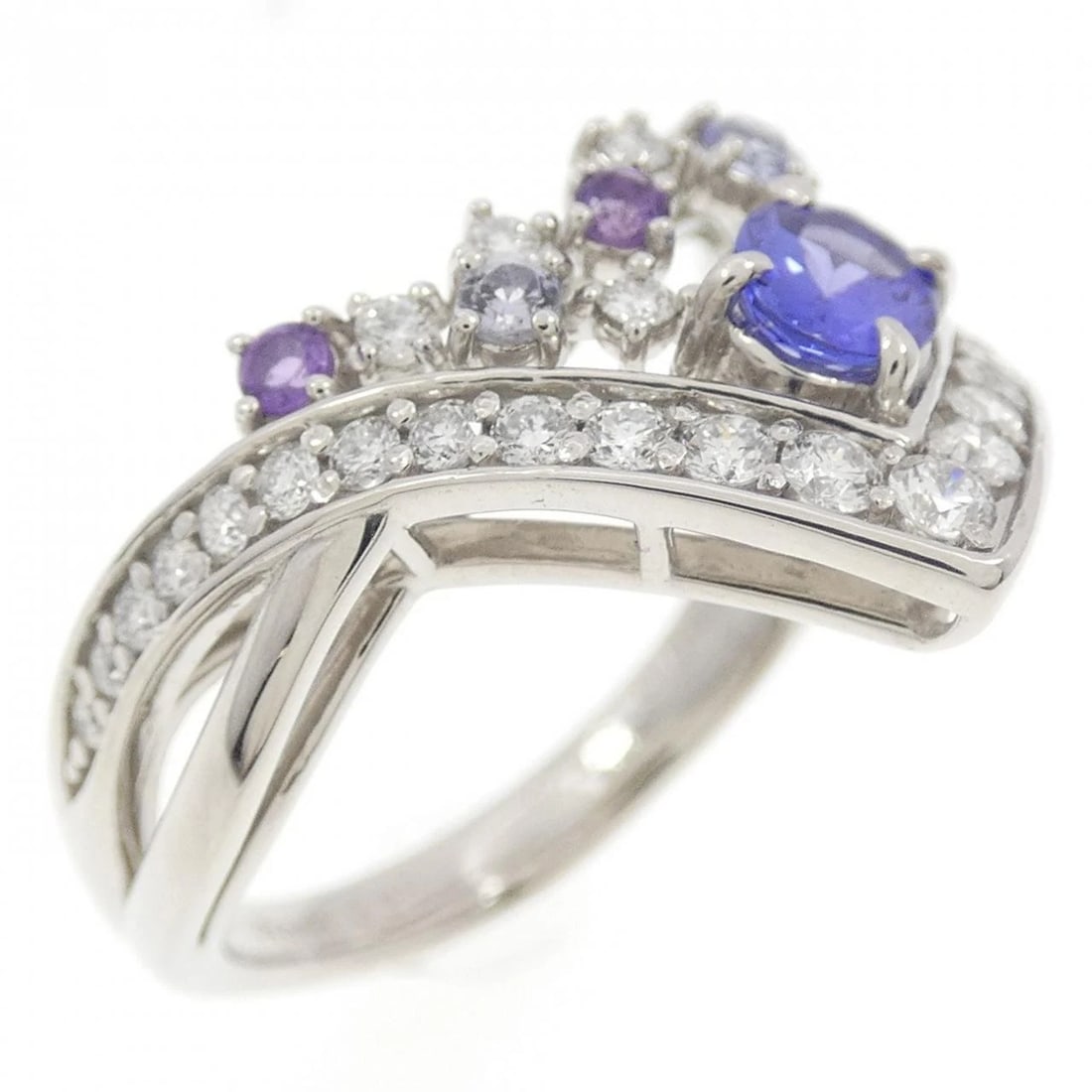 PT900 COLOR STONE RING: PT900 color stone ring Brand: Unbranded Type/Style: Tanzanite Ring Material: PT900, Main Stone/Creation Tanzanite Secondary Stone Diamond/Amethyst/Tanzanite Color: Silver Size: US 6 1/4 Accessorie