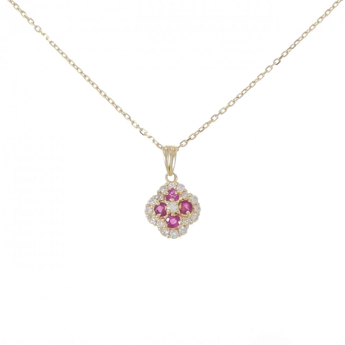 K18YG FLOWER RUBY NECKLACE: K18YG Flower Ruby Necklace Brand: Unbranded Type/Style: Ruby Necklace Material: 18K Yellow Gold, Main Stone/Creation RubySecondary Stone Diamond Color: Yellow Gold Size: Actual Size Pendant length