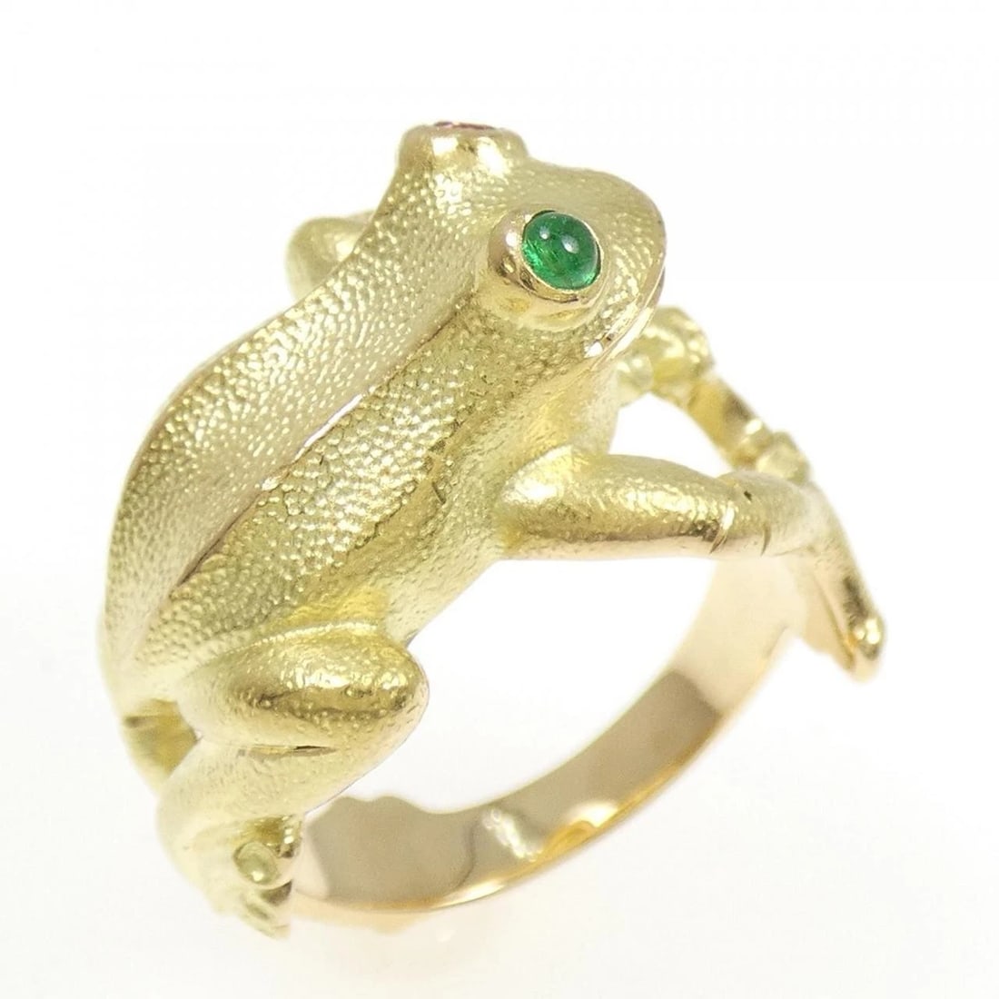 K18YG FROG EMERALD RING: K18YG Frog Emerald Ring Brand: Unbranded Type/Style: Emerald ring Material: 18K Yellow Gold, Main Stone/Creation Emerald Secondary Stone Tourmaline Color: Yellow Gold Size: US 5 1/2 Accessories: None