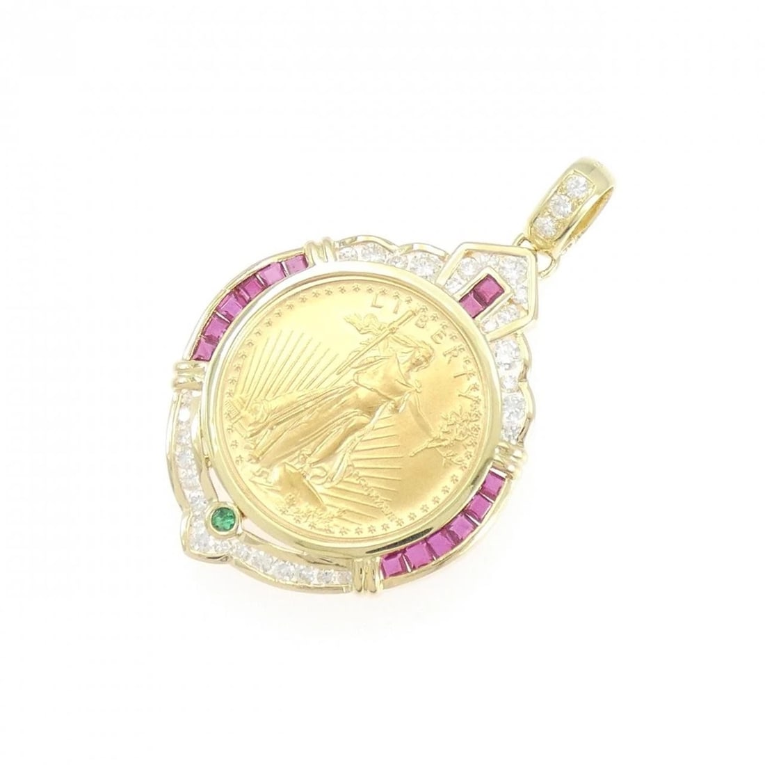 K18YG (FRAME) COLOR STONE COIN PENDANT: K18YG (frame) color stone coin pendant Brand: Unbranded Type/Style: Ruby Coin Material: K18YG, Main Stone/Creation RUBY Secondary Stone Diamond Color: YELLOW GOLD Size: Actual Size Approx. height x