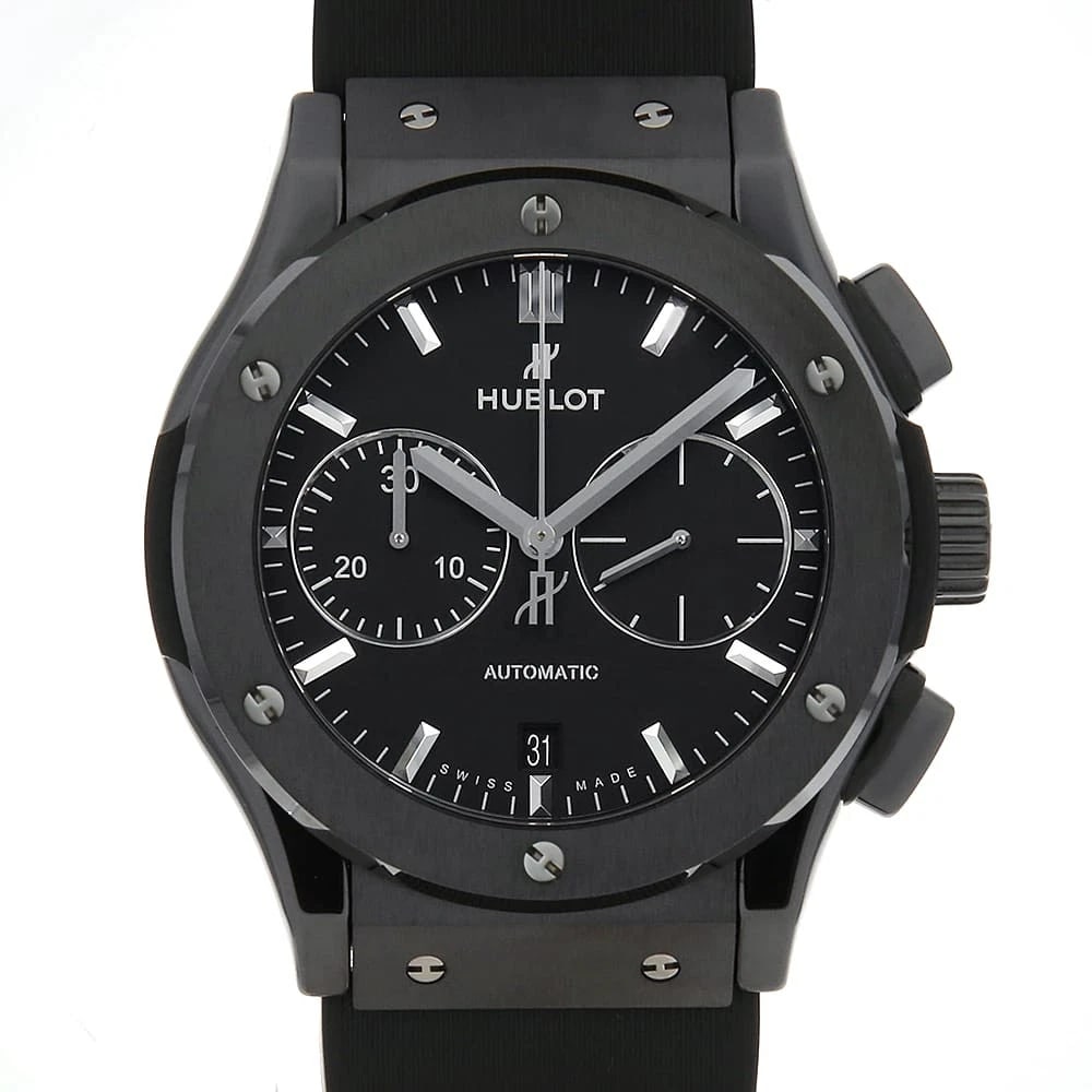 HUBLOT CLASSIC FUSION CHRONOGRAPH BLACK WATCH: HUBLOT Classic fusion chronograph black Watch Brand: HUBLOT Type/Style: Wrist watch Material: Case Material ceramic Belt Material rubber Color: Dial Color Black Size: Case:W45mm Accessories: None