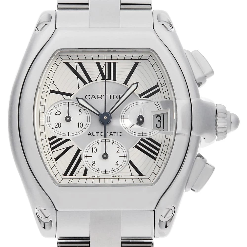 CARTIER ROADSTER CHRONOGRAPH WATCH: Cartier roadster chronograph Watch Brand: Cartier Type/Style: Wrist watch Material: Case Material Stainless Steel Belt Material Stainless Steel Color: Dial Color Silver Size: Case:W48mm x H42mm Circum