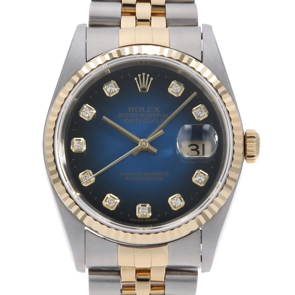 ROLEX DATEJUST DIAMOND BLUE WATCH: ROLEX Datejust Diamond blue Watch Brand: ROLEX Type/Style: Wrist watch Material: Case Material Stainless Steel/Yellow Gold Belt Material Stainless Steel/Yellow Gold Color: Dial Color Blue Size: