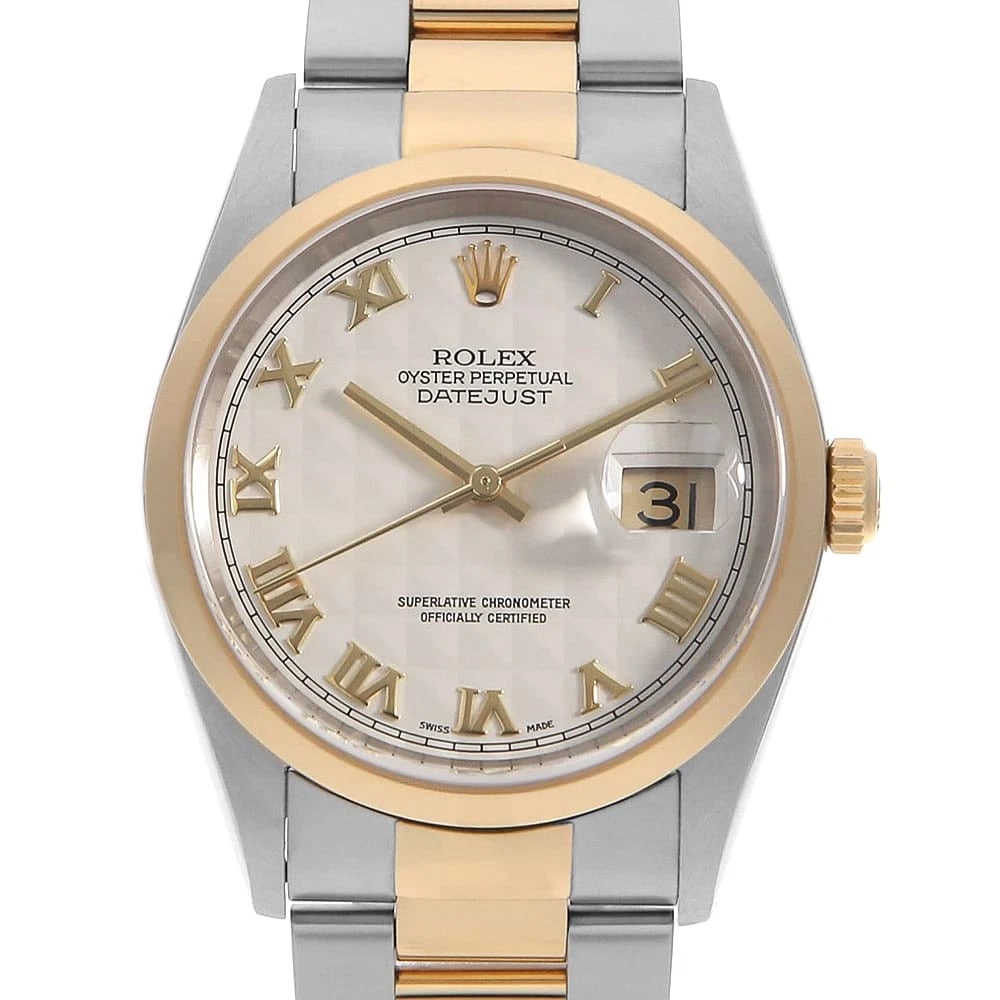 ROLEX DATEJUST CREAM PYRAMID OYSTER WATCH: ROLEX Datejust cream Pyramid Oyster Watch Brand: ROLEX Type/Style: Wrist watch Material: Case Material Stainless Steel/Yellow Gold Belt Material Stainless Steel/Yellow Gold Color: Dial Color Ivory