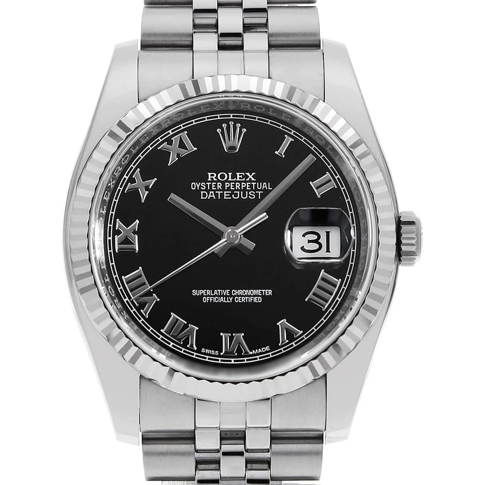 ROLEX DATEJUST BLACK WATCH: ROLEX Datejust black Watch Brand: ROLEX Type/Style: Wrist watch Material: Case Material Stainless Steel/White gold Belt Material Stainless Steel Color: Dial Color Black Size: Case:W36mm Circumference 