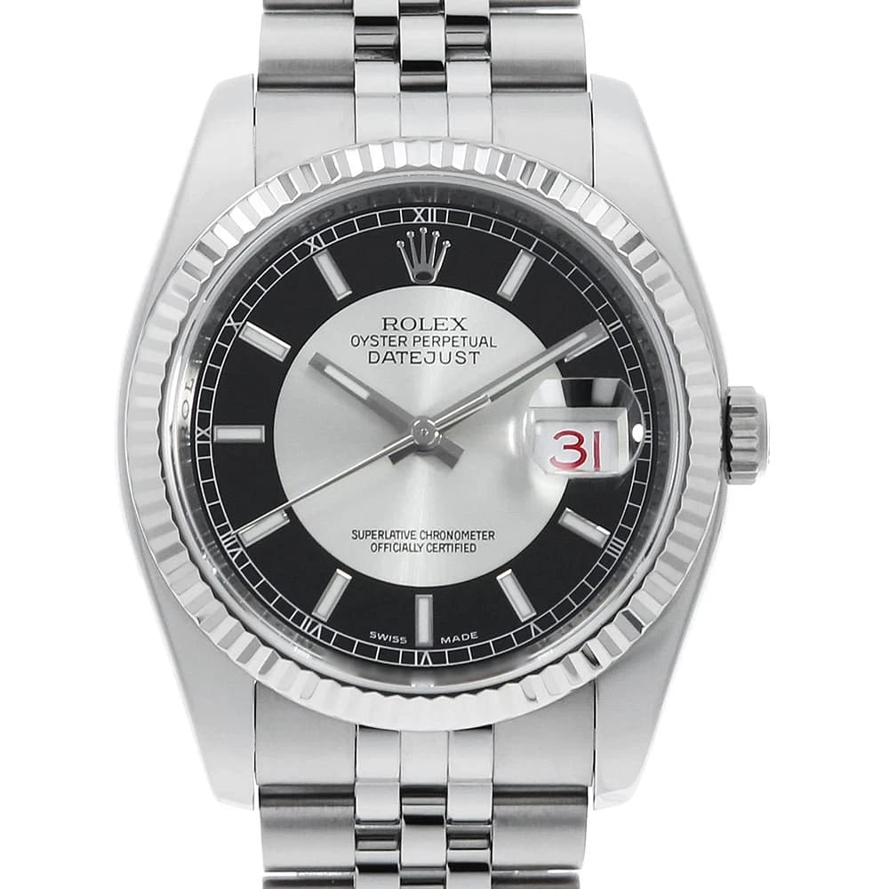 ROLEX DATEJUST BLACK SILVER WATCH: ROLEX Datejust Black silver Watch Brand: ROLEX Type/Style: Wrist watch Material: Case Material Stainless Steel/White gold Belt Material Stainless Steel Color: Dial Color Black and Silver Size: Case:W3