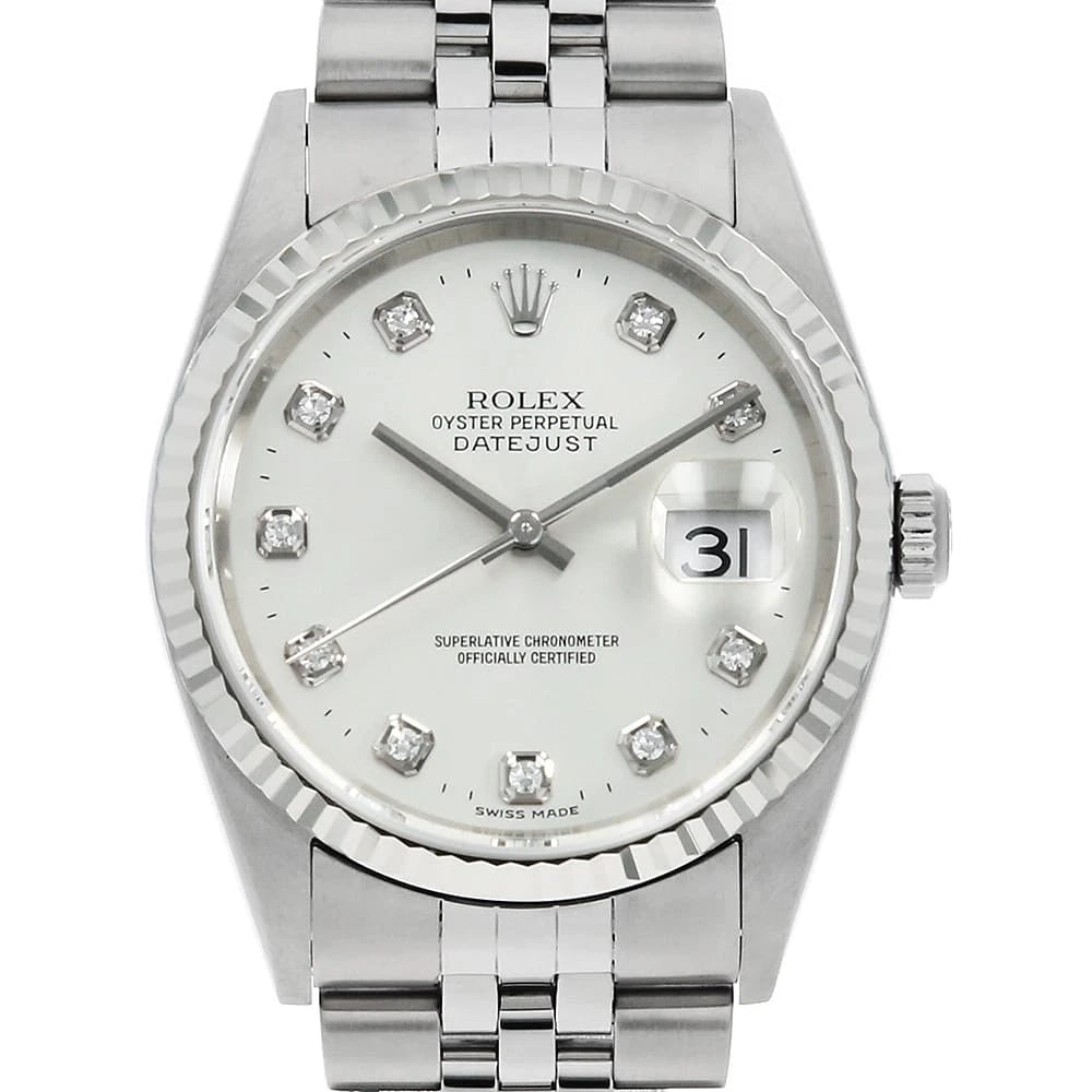 ROLEX DATEJUST DIAMOND SILVER WATCH: ROLEX Datejust Diamond Silver Watch Brand: ROLEX Type/Style: Wrist watch Material: Case Material Stainless Steel/White gold Belt Material Stainless Steel Color: Dial Color Silver Size: Case:W36mm Circ