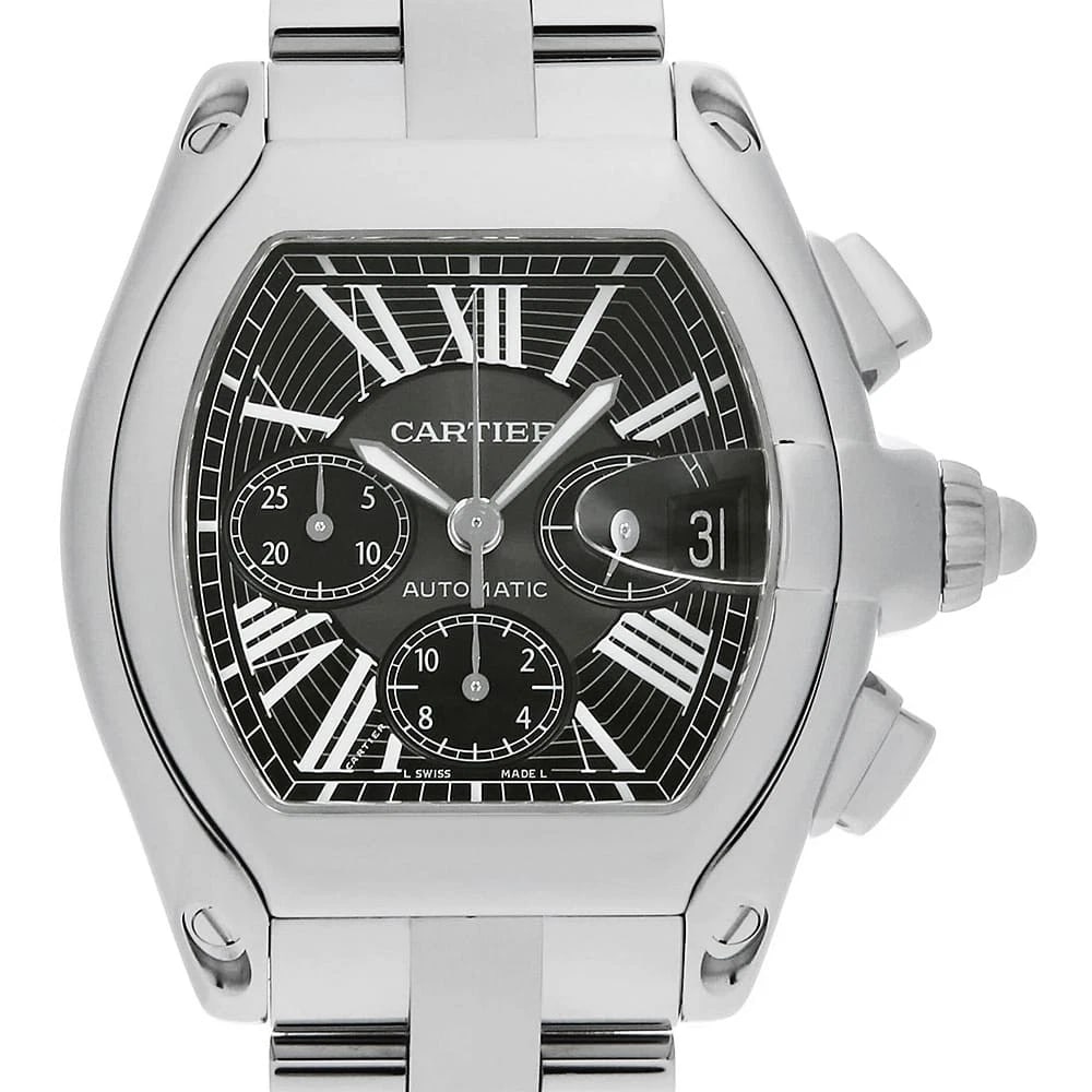 CARTIER ROADSTER CHRONOGRAPH WATCH: Cartier Roadster chronograph Watch Brand: Cartier Type/Style: Wrist watch Material: Case Material Stainless Steel Belt Material Stainless Steel Color: Dial Color Black Size: Case:W48mm x H43mm