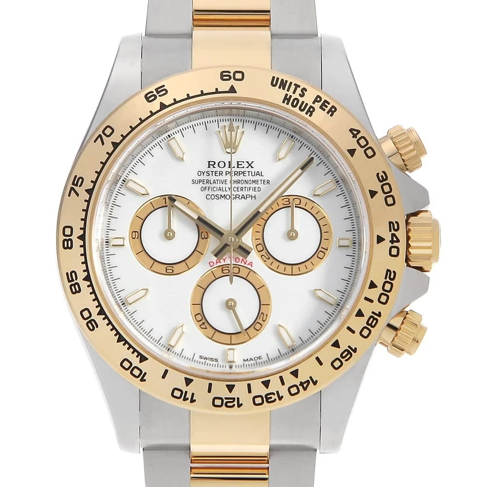 ROLEX COSMOGRAPH DAYTONA WHITE WATCH: ROLEX Cosmograph Daytona white Watch Brand: ROLEX Type/Style: Wrist watch Material: Case Material Stainless Steel/Yellow Gold Belt Material Stainless Steel/Yellow Gold Color: Dial Color White Size:
