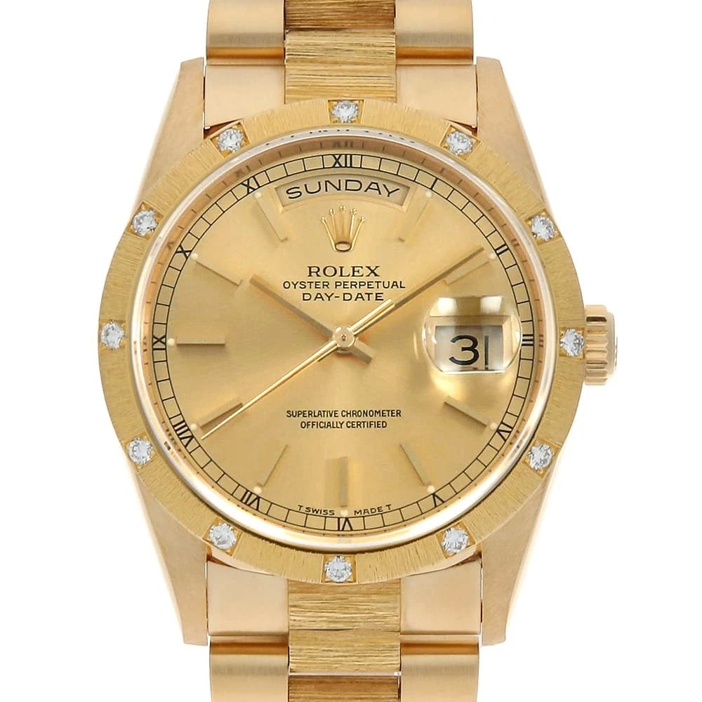 ROLEX DATE BEZEL DIAMOND CHAMPAGNE WATCH: ROLEX Date Bezel Diamond Champagne Watch Brand: ROLEX Type/Style: Wrist watch Material: Case Material Yellow Gold Belt Material Yellow Gold Color: Dial Color Champagne Gold Size: Case:W36mm Circumfere