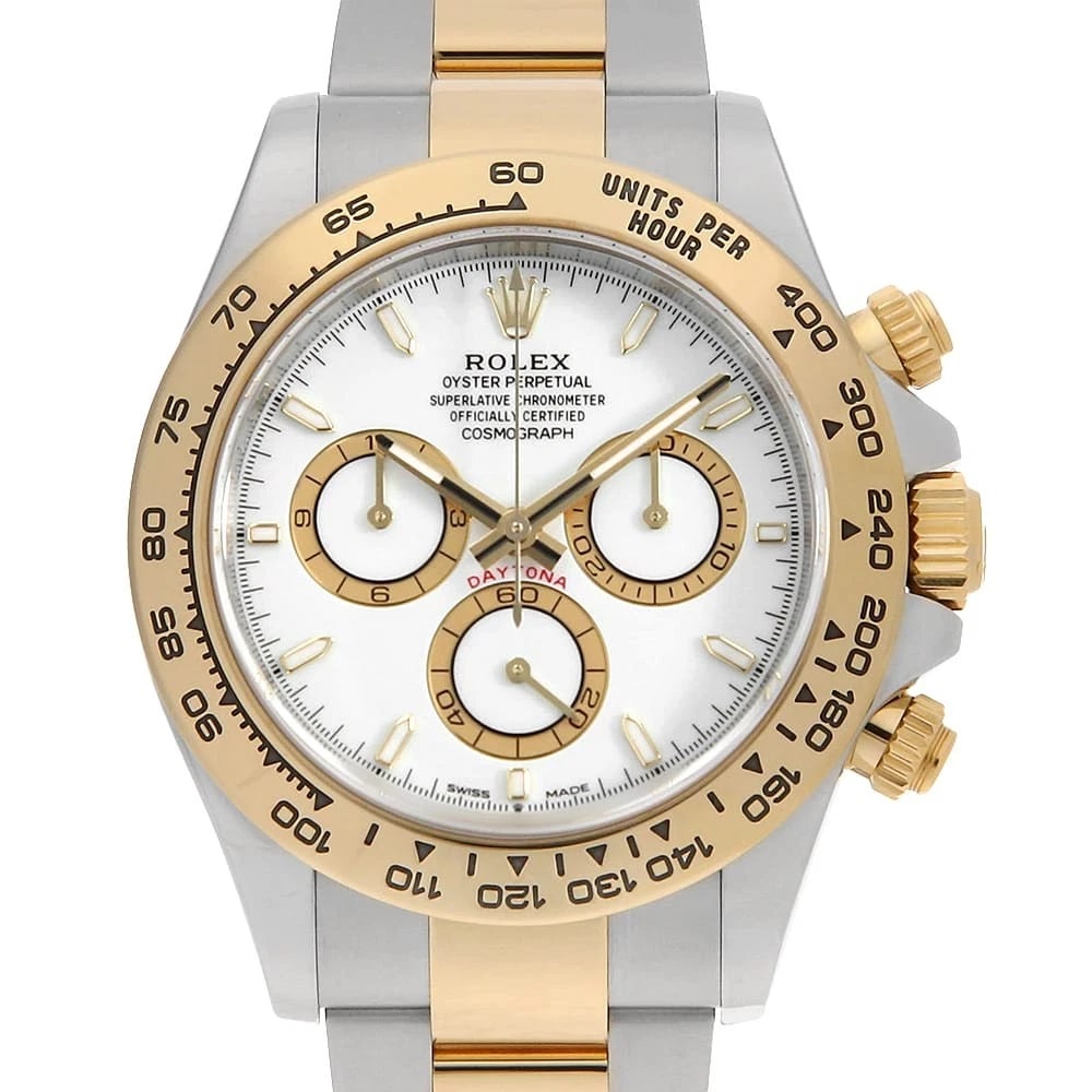 ROLEX COSMOGRAPH DAYTONA WHITE WATCH: ROLEX Cosmograph Daytona white Watch Brand: ROLEX Type/Style: Wrist watch Material: Case Material Stainless Steel/Yellow Gold Belt Material Stainless Steel/Yellow Gold Color: Dial Color White Size: