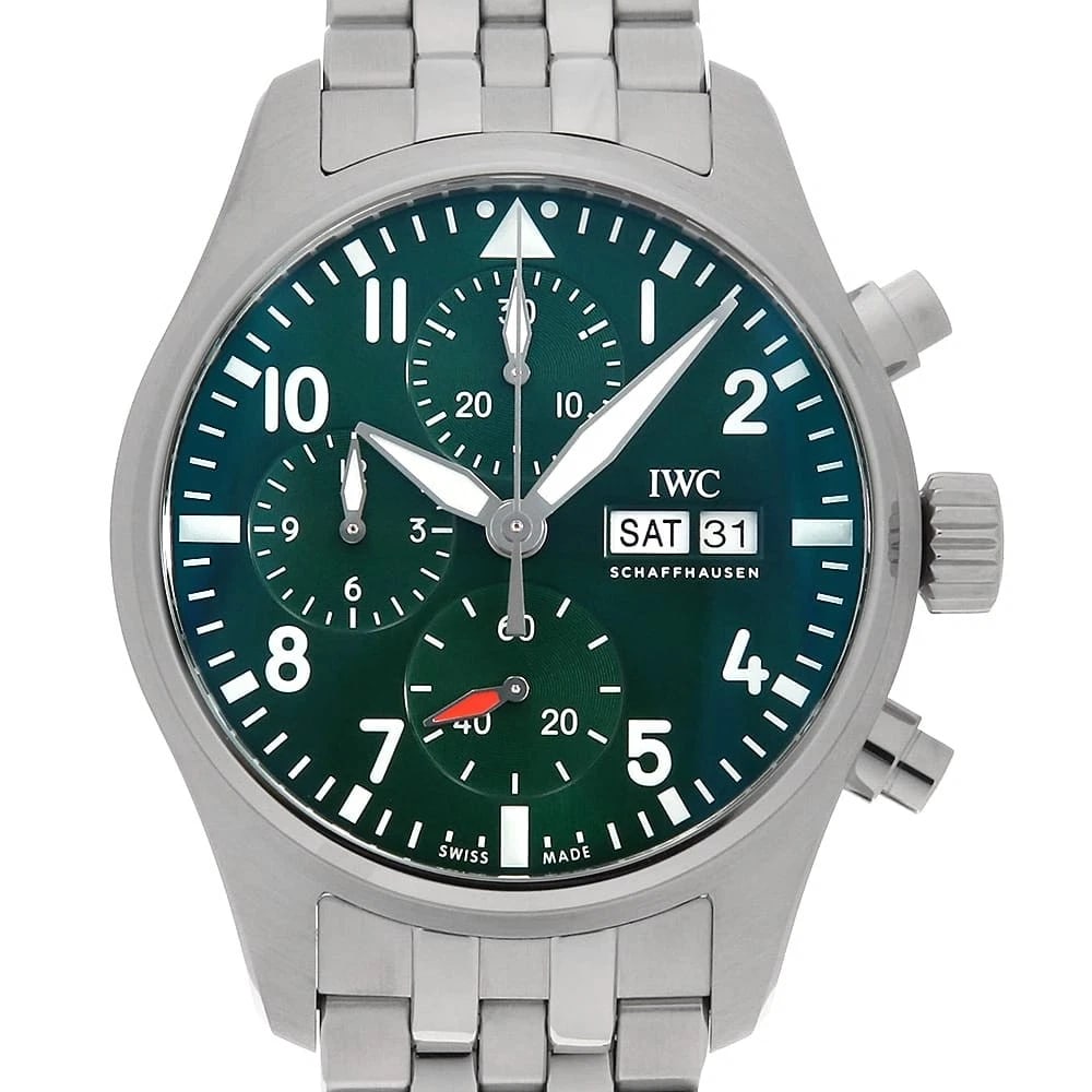 IWC PILOT WATCH CHRONOGRAPH WATCH: IWC Pilot watch chronograph Watch Brand: IWC Type/Style: Wrist watch Material: Case Material Stainless Steel Belt Material Stainless Steel Color: Dial Color Green Size: Case:W41mm Circumference of Wri