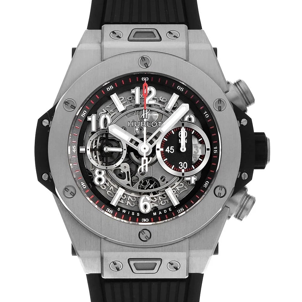 HUBLOT BIG BANG UNICO TITANIUM WATCH: HUBLOT Big Bang Unico Titanium Watch Brand: HUBLOT Type/Style: Wrist watch Material: Case Material titanium Belt Material rubber Color: Dial Color Skeleton Size: Case:W45mm Accessories: None