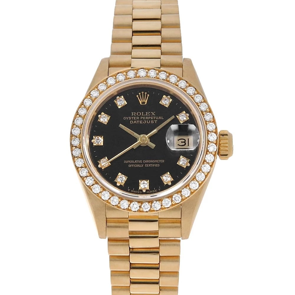 ROLEX DATEJUST BEZEL DIAMOND BLACK WATCH: ROLEX Datejust bezel diamond black Watch Brand: ROLEX Type/Style: Wrist watch Material: Case Material Yellow Gold Belt Material Yellow Gold Color: Dial Color Black Size: Case:W26mm Circumference of