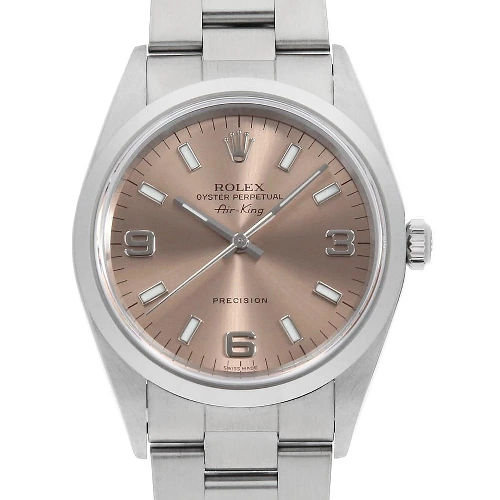 ROLEX AIR KING PINK WHITE WATCH: ROLEX Air king pink white Watch Brand: ROLEX Type/Style: Wrist watch Material: Case Material Stainless Steel Belt Material Stainless Steel Color: Dial Color Pink Size: Case:W34mm Circumference of