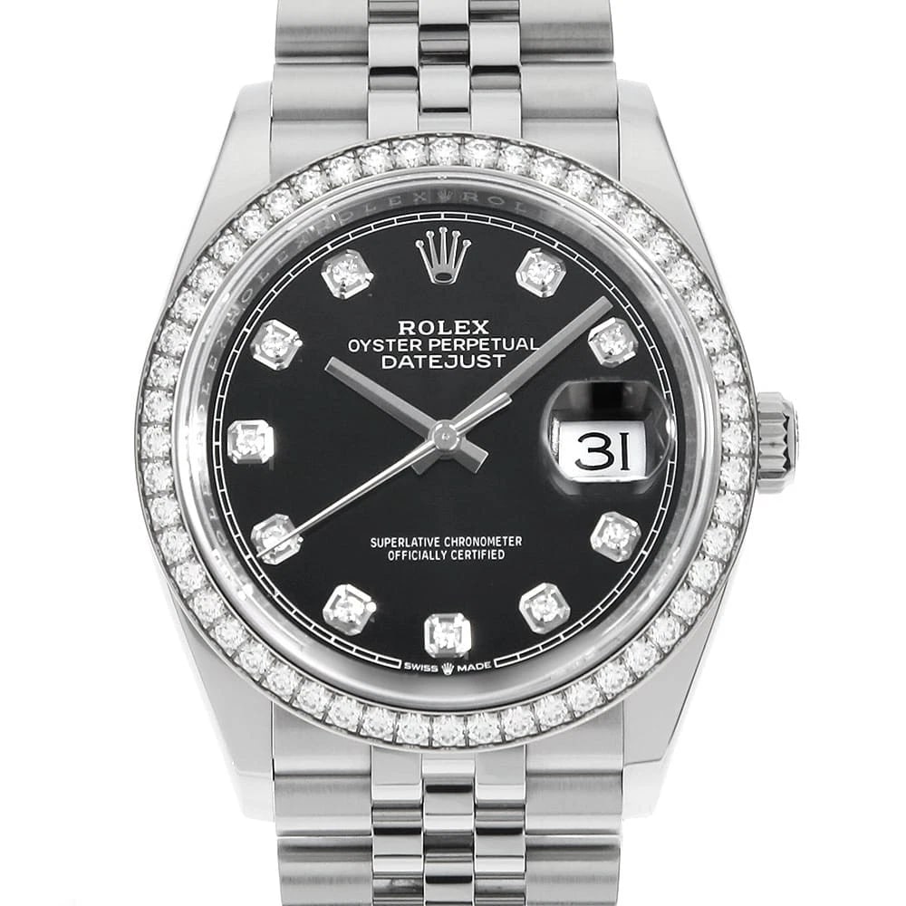 ROLEX DATEJUST BEZEL DIAMOND WATCH: ROLEX Datejust Bezel Diamond Watch Brand: ROLEX Type/Style: Wrist watch Material: Case Material Stainless Steel/White gold Belt Material Stainless Steel Color: Dial Color Black Size: Case:W36mm Circum