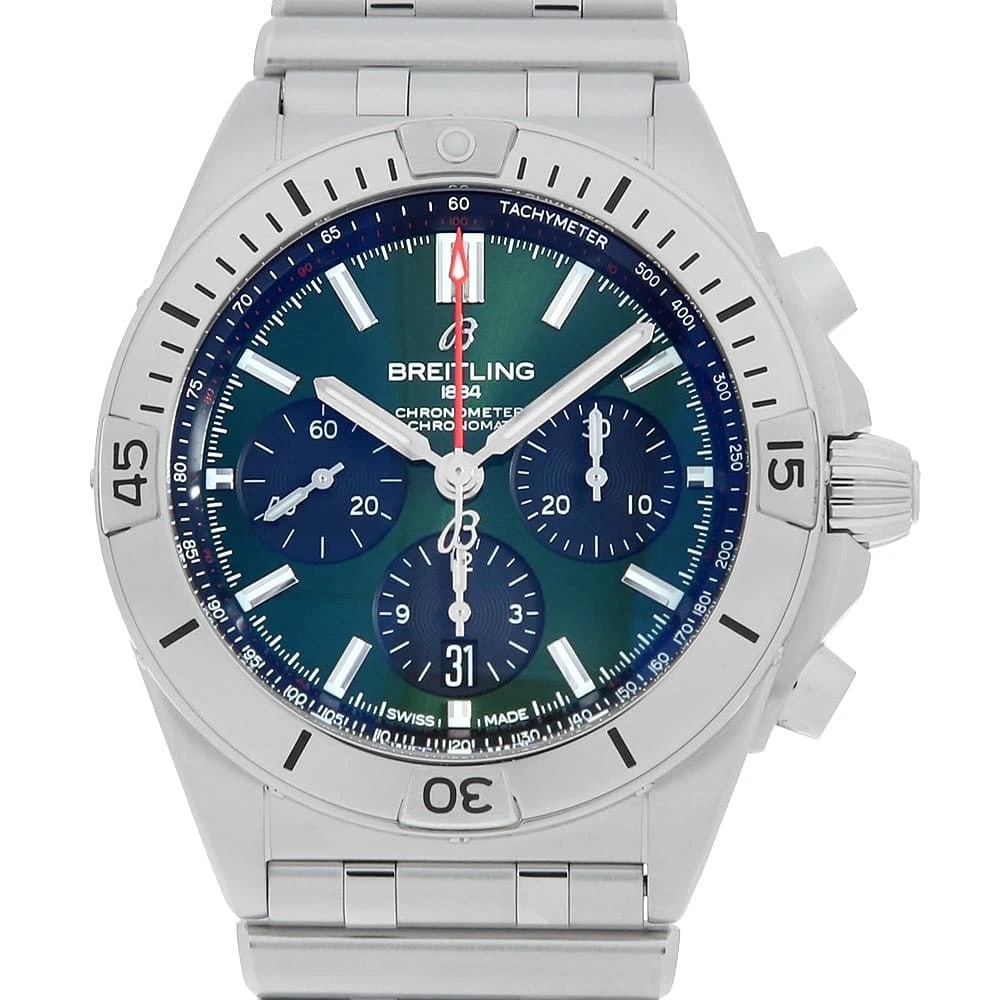 BREITLING CHRONOMAT GREEN WATCH: BREITLING Chronomat Green Watch Brand: BREITLING Type/Style: Wrist watch Material: Case Material Stainless Steel Belt Material Stainless Steel Color: Dial Color Green Size: Case:W42mm Circumference