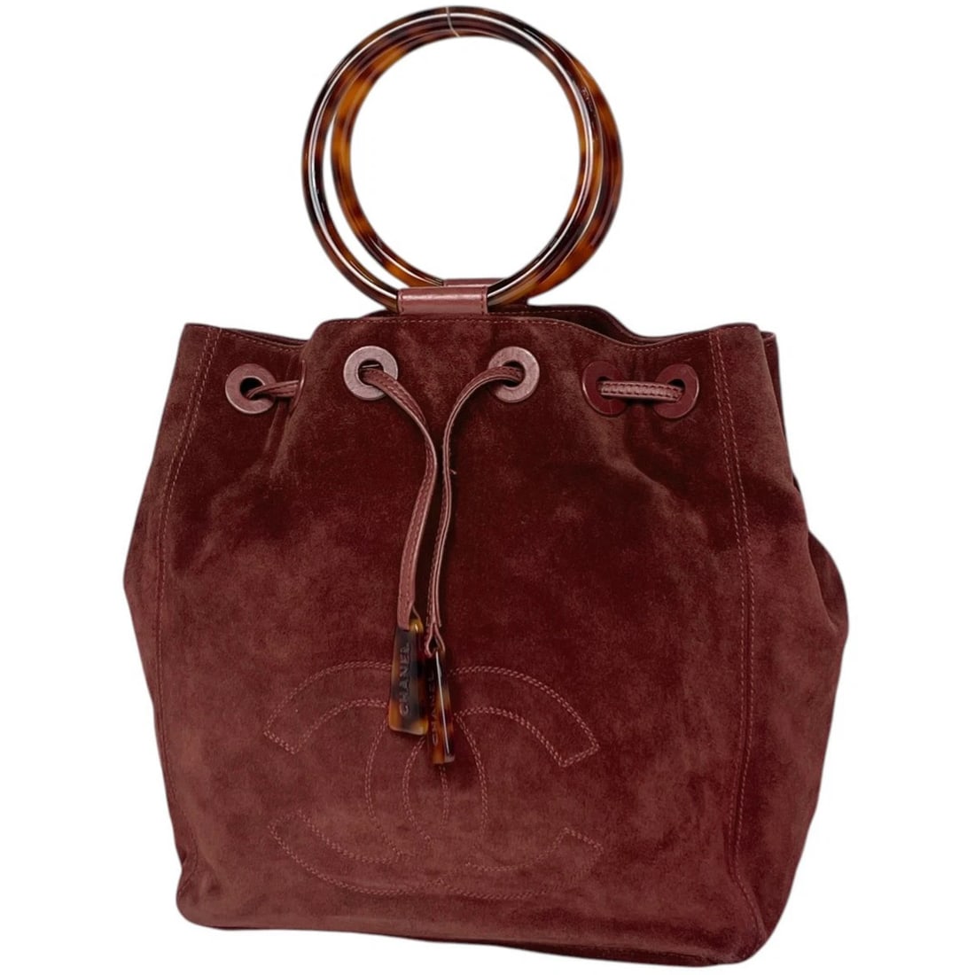 CHANEL (INTERLOCKING) CC LOGO PLASTIC HANDLE HANDBAG: CHANEL (Interlocking) CC logo plastic handle handbag Brand: CHANEL Type/Style: Hand Bag Material: suede Color: Bordeaux Size: Width 29cm(11.4") Height 30cm(11.8") Depth 13cm(5.1") Accessories: Non