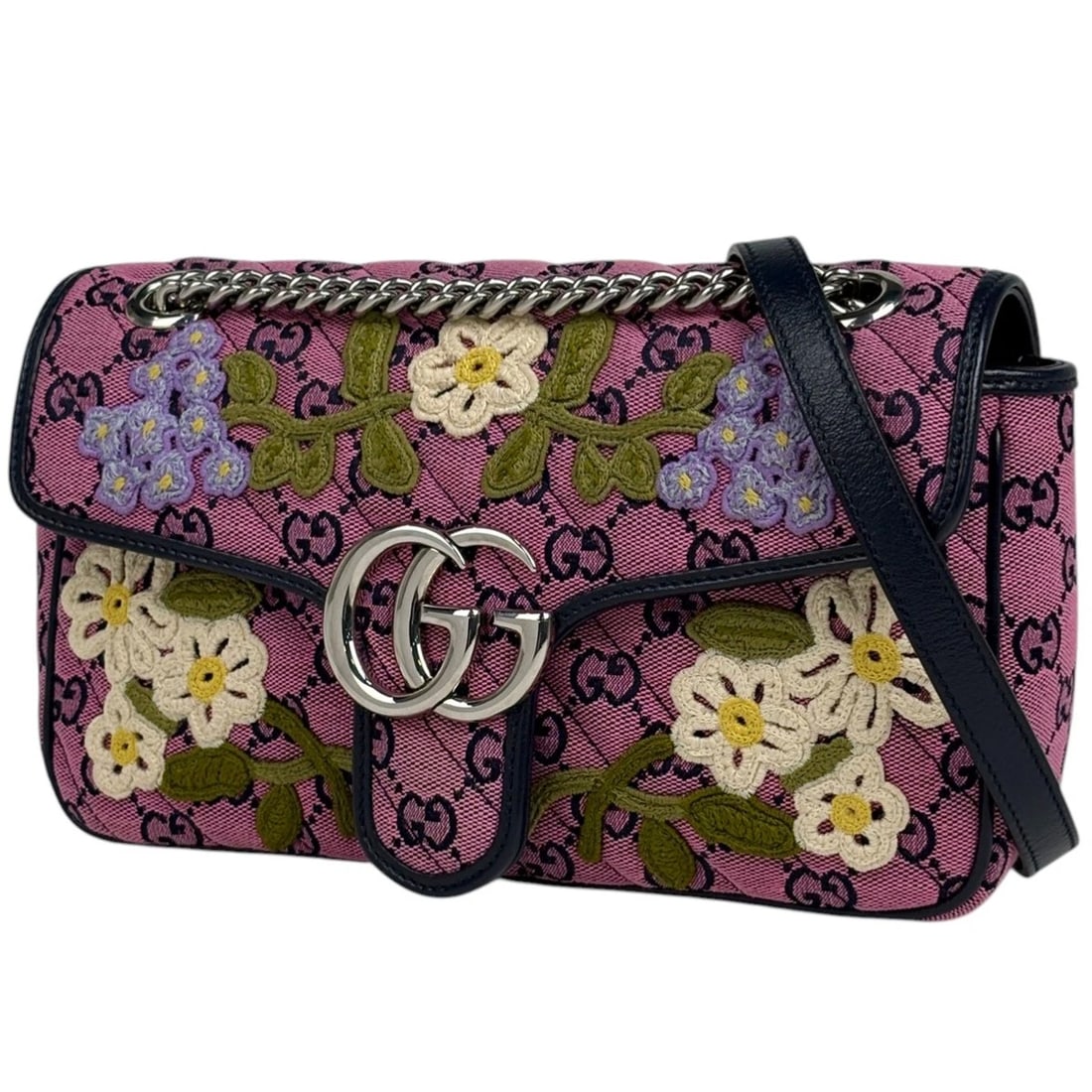GUCCI GG MARMONT QUILTING SMALL SHOULDER BAG: GUCCI GG Marmont Quilting Small Shoulder Bag Brand: GUCCI Type/Style: Shoulder Bag Material: GG canvas ?leather Color: Pink Navy blue Size: Width 25cm(9.8") Height 15cm(5.9") Depth 7cm(2.8")