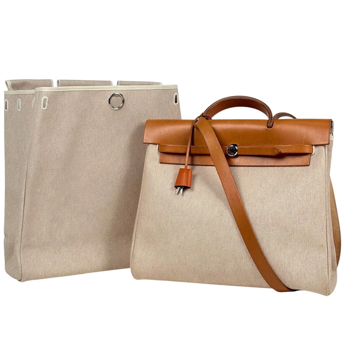HERMES HERBAGMM 2WAY SHOULDER BAG HAND BAG: HERMES HerbagMM 2WAY Shoulder Bag Hand Bag Brand: HERMES Type/Style: Hand Bag Material: Toile ash (coating) ?leather Color: Natural Brown Size: Width 38cm(15") Height 30cm(11.8") Depth 12cm(4.7")