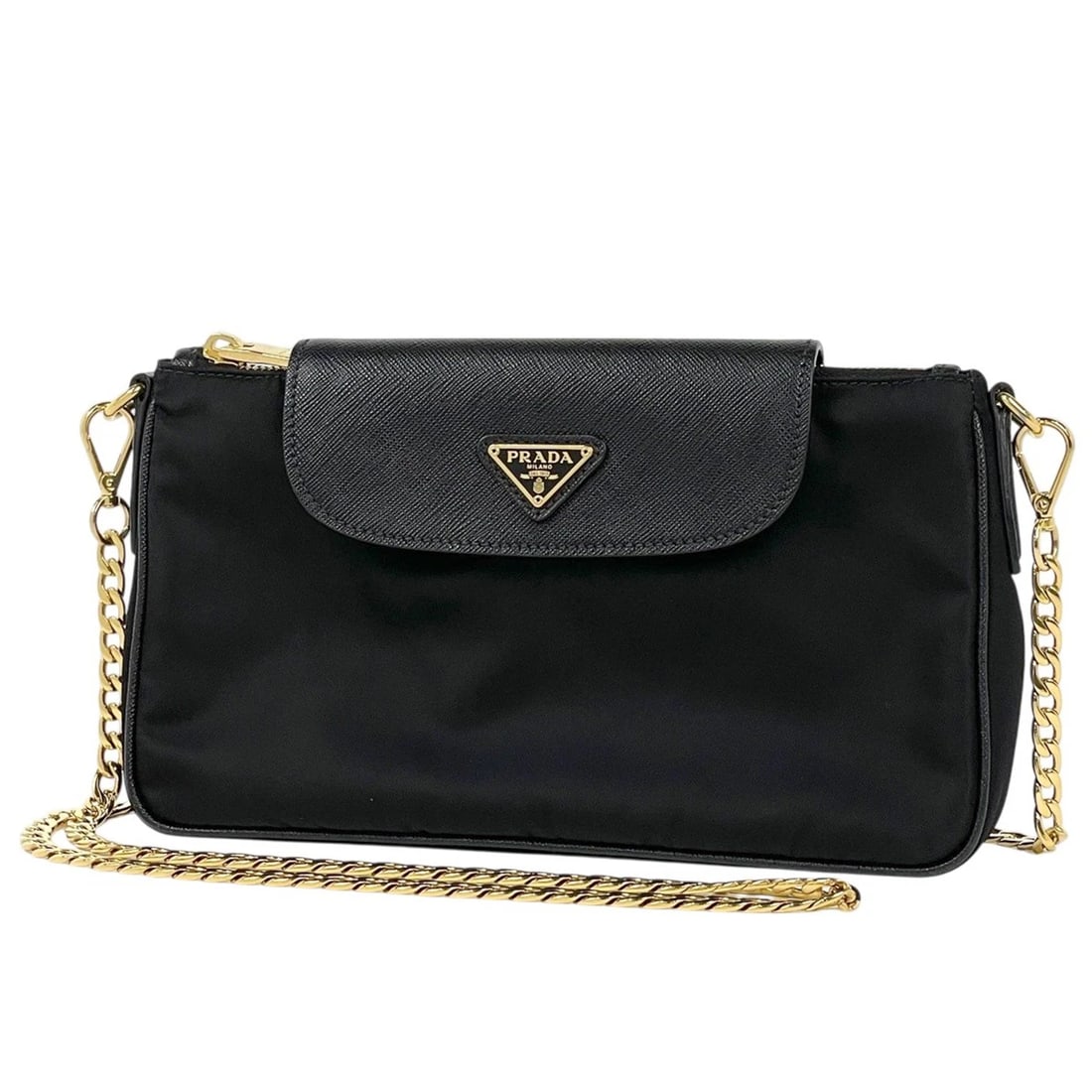 PRADA WITH LOGO CHAIN SHOULDER BAG SHOULDER BAG: PRADA with logo Chain Shoulder Bag Shoulder Bag Brand: PRADA Type/Style: Shoulder Bag Material: Nylon ?Safiano leather Color: Nero (Black) Size: Width 24cm(9.4") Height 13.5cm(5.3") Depth 5cm(2")