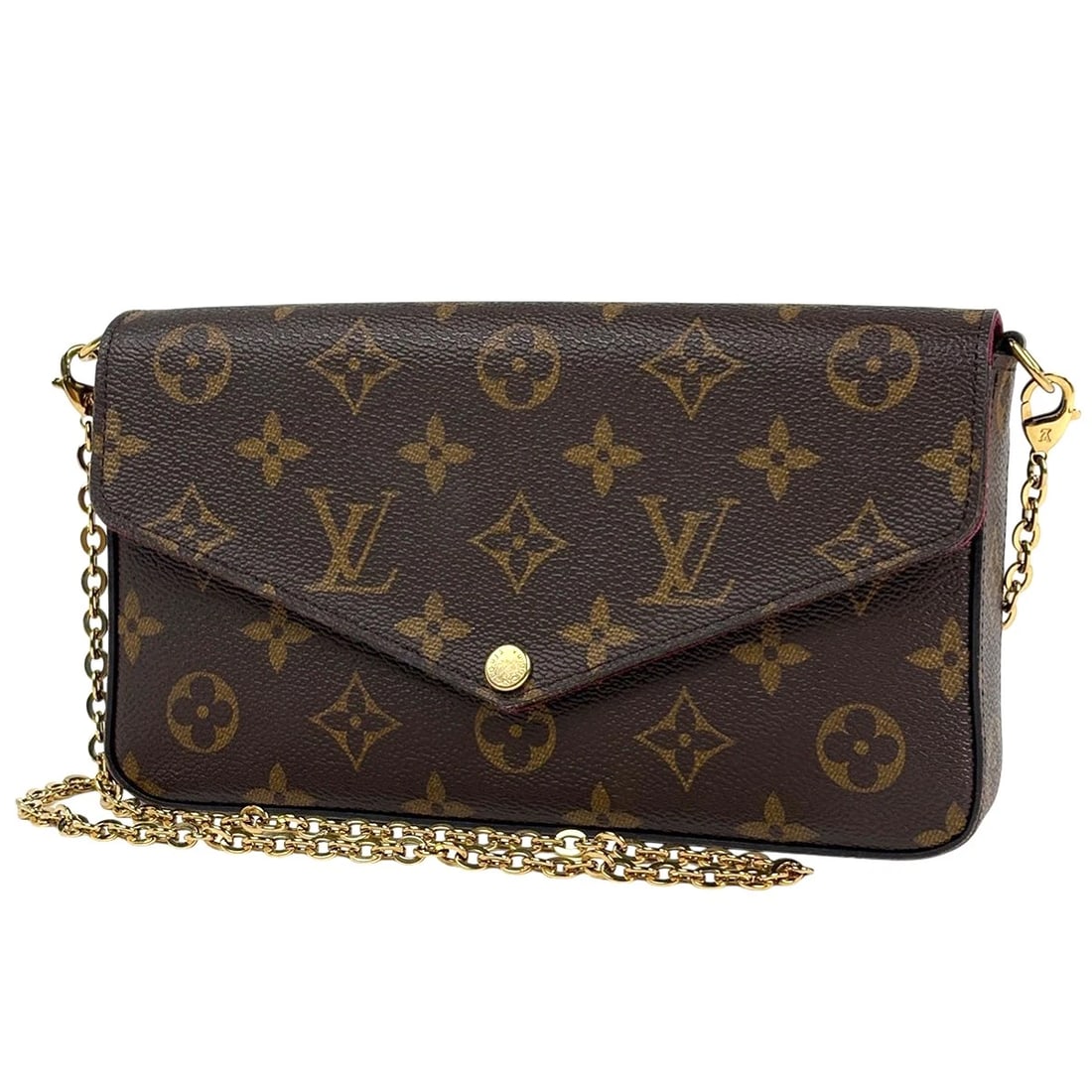 LOUIS VUITTON POCHETTE FELICE 2WAY CHAIN WALLET: Louis Vuitton Pochette Felice 2WAY Chain wallet Brand: Louis Vuitton Type/Style: Shoulder Bag Material: Monogram Color: Brown fuchsia Size: Width 21cm(8.3") Height 12cm(4.7") Depth 3cm(1.2") Acces