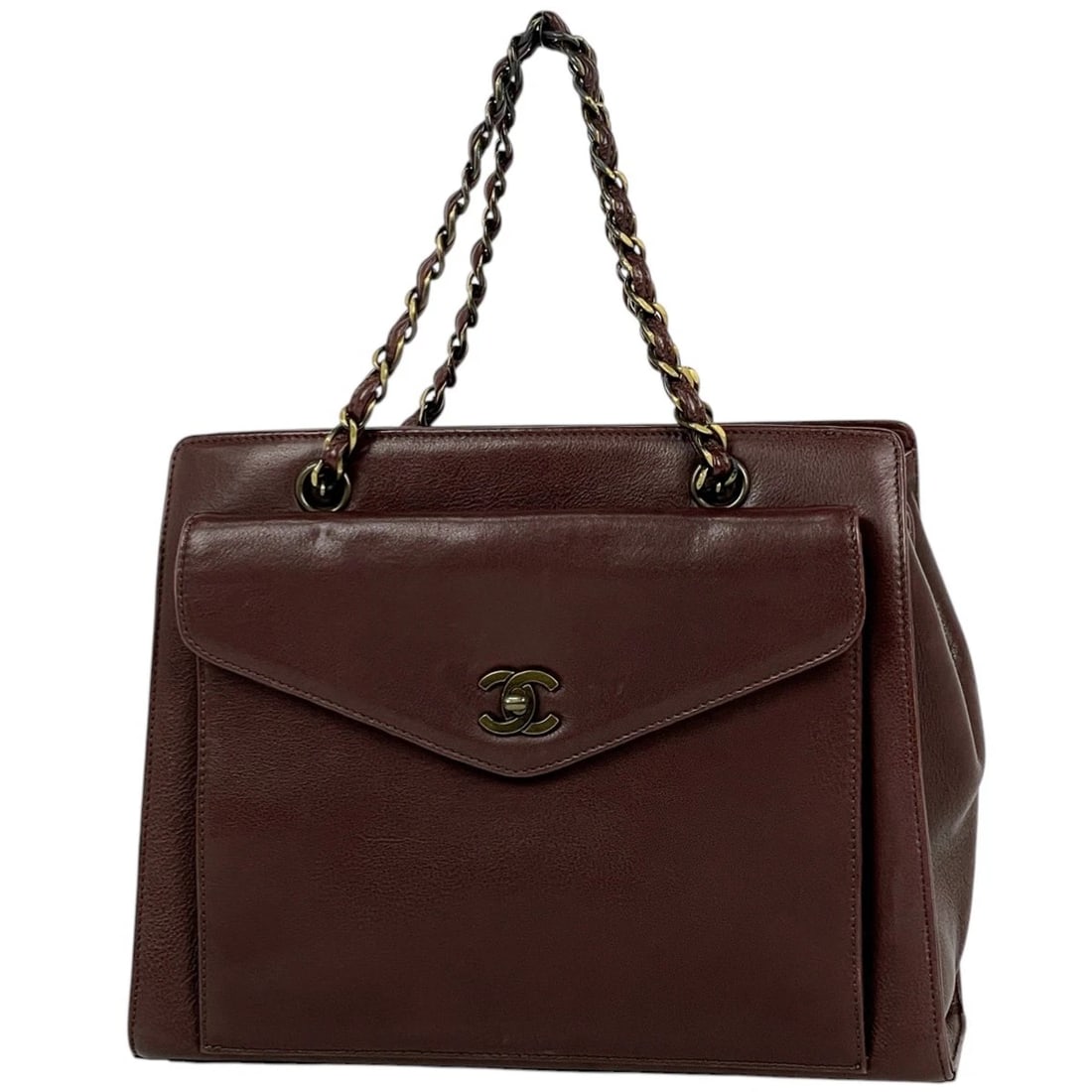 CHANEL (INTERLOCKING) CC LOGO CHAIN HAND BAG: CHANEL (Interlocking) CC logo Chain Hand Bag Brand: CHANEL Type/Style: Hand Bag Material: leather Color: Brown Size: Width 31cm(12.2") Height 242cm(95.3") Depth 9cm(3.5") Accessories: None