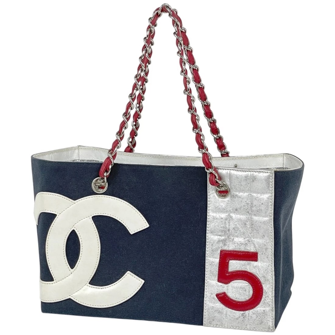 CHANEL CHOCOLATE BAR CHAIN TOTE BAG: CHANEL Chocolate bar Chain Tote Bag Brand: CHANEL Type/Style: Tote Bag Material: canvas ?leather Color: Navy blue White Red Size: Width 29cm(11.4") Height 19cm(7.5") Depth 15cm(5.9") Accessories: