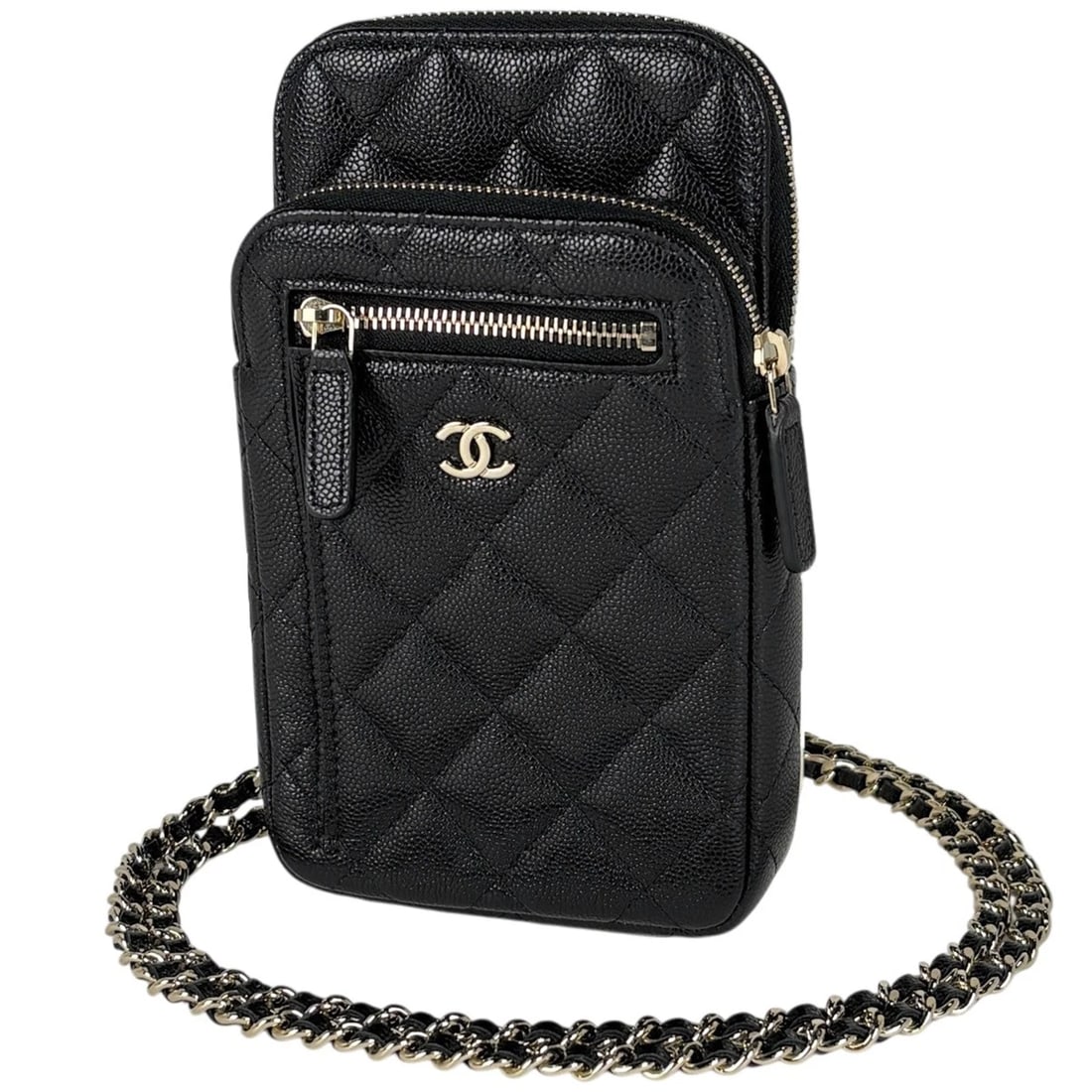 CHANEL LOGO CHAIN SHOULDER BAG: CHANEL logo Chain Shoulder Bag Brand: CHANEL Type/Style: Shoulder Bag Material: Caviar skin Color: Black Size: Width 11cm(4.3") Height 18cm(7.1") Depth 3cm(1.2") Accessories: None Accessories Notice: