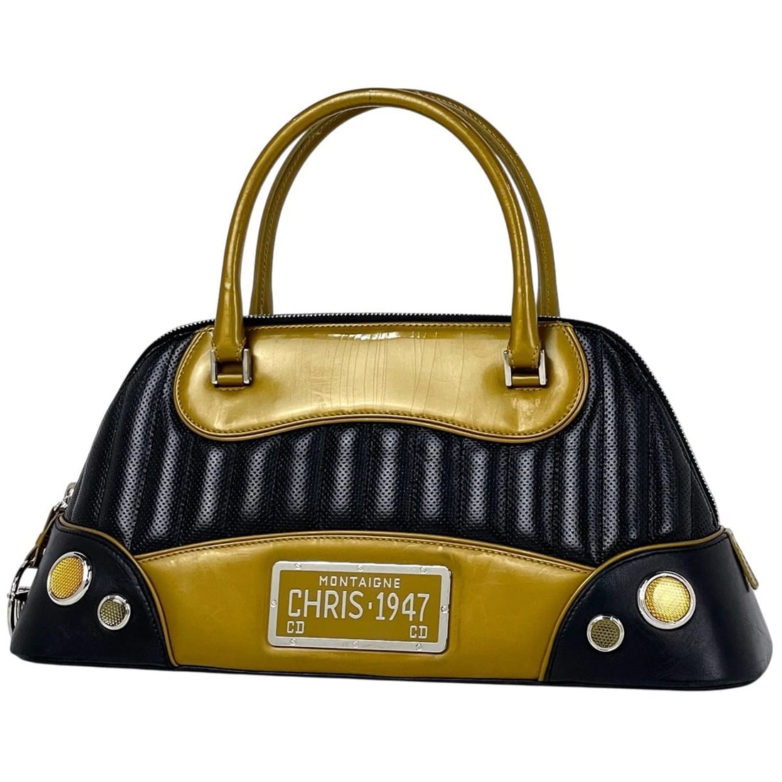 CHRISTIAN DIOR MONTAIGNE CHRIS 1947 HANDBAG: Christian Dior Montaigne Chris 1947 Handbag Brand: Christian Dior Type/Style: Hand Bag Material: leather ?Patent leather Color: Black Yellow Size: Width 36cm(14.2") Height 17cm(6.7") Depth 12cm(4.7") 