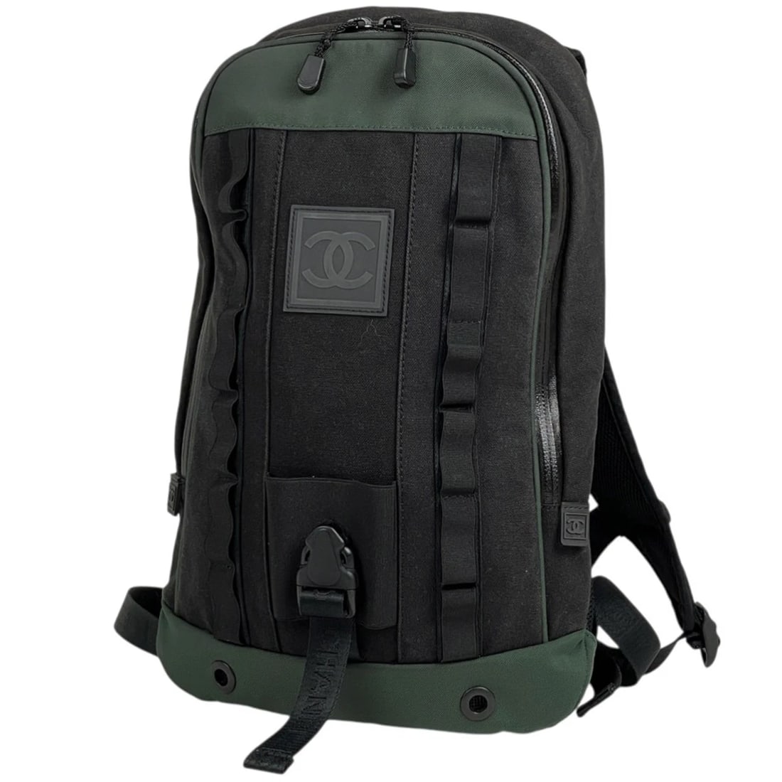 CHANEL SPORTSLINE BACKPACK: CHANEL Sportsline Backpack Brand: CHANEL Type/Style: Backpack Material: canvas ?Nylon Color: Black Green Size: Width 26cm(10.2") Height 43cm(16.9") Depth 5cm(2") Accessories: None Accessories Notice: