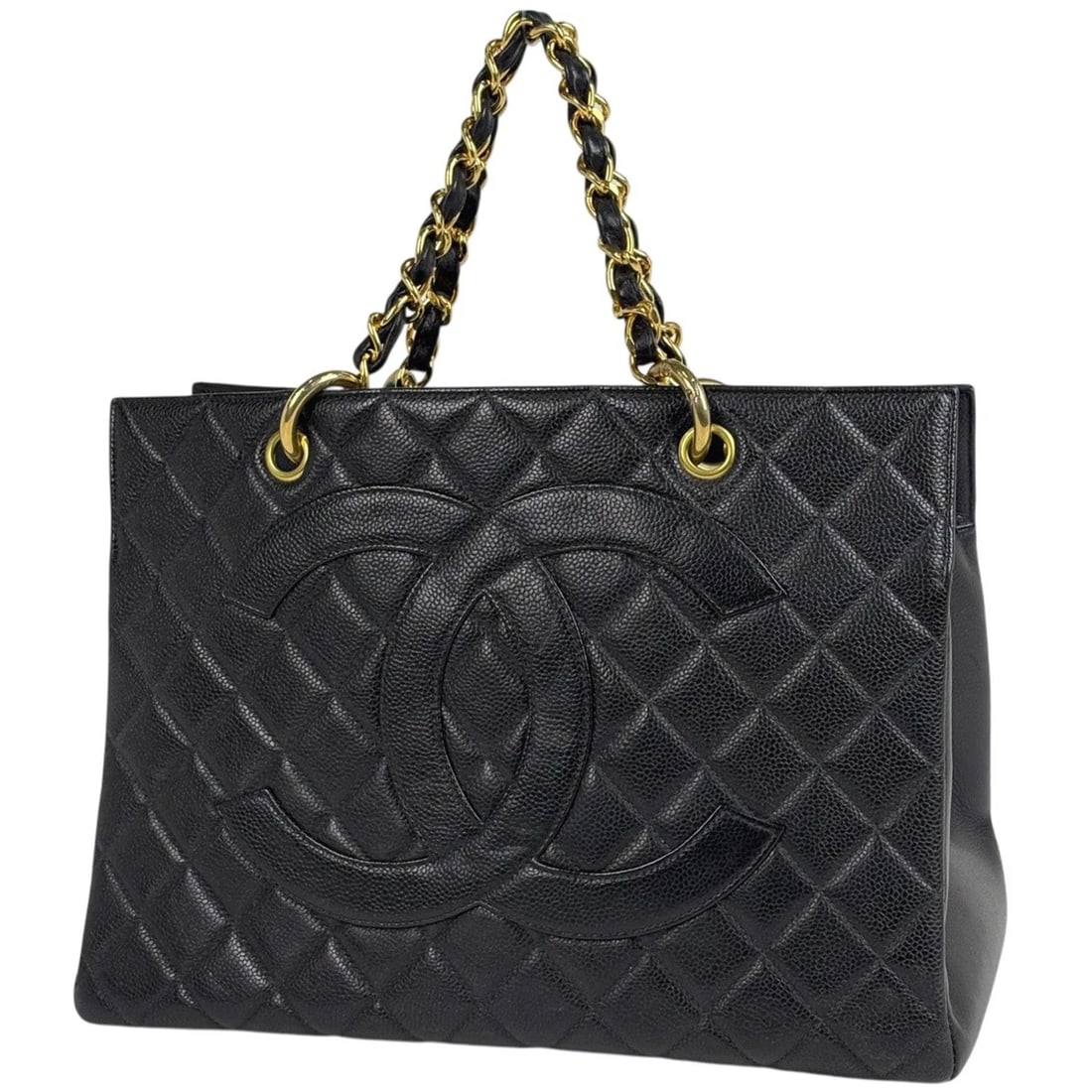 CHANEL (INTERLOCKING) CC LOGO CHAIN TOTE BAG HAND BAG: CHANEL (Interlocking) CC logo Chain Tote Bag Hand Bag Brand: CHANEL Type/Style: Tote Bag Material: Caviar skin Color: Black Size: Width 33cm(13") Height 23.5cm(9.3") Depth 17cm(6.7") Accessories: