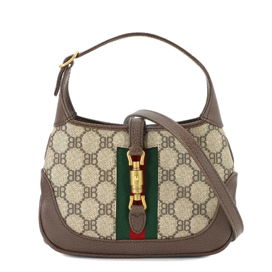 BALENCIAGA GUCCI JACKIE HAND SHOULDER BAG: BALENCIAGA GUCCI Jackie Hand Shoulder Bag Brand: BALENCIAGA Type/Style: Hand , Shoulder Bag Material: PVC , Leather Color: Beige , Brown Size: W 7.48 inch, H 5.12 inch, D 1.18 inch Accessories: No