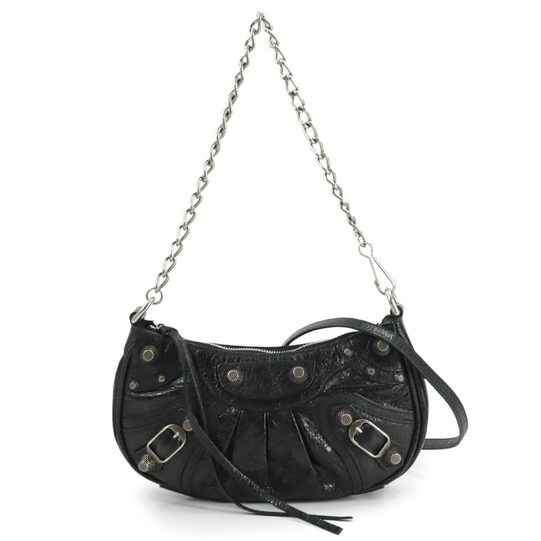 BALENCIAGA LE CAGOLE MINI CHAIN HAND SHOULDER BAG: BALENCIAGA Le Cagole Mini Chain Hand Shoulder Bag Brand: BALENCIAGA Type/Style: Hand Bag / Shoulder Bag Material: Leather Color: Black Size: W 8.07 inch, H 4.53 inch, D 1.57 inch Accessories: None